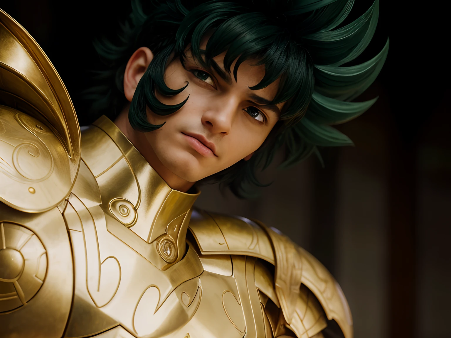 realistic, masterpiece, close up portrait of an man, male, spanish, 1boy, solo, serious, looking at viewer, wearing an medieval armor, (golden armor), chrome gold, (detailed armor), (ornate armor), dark green hair, (hair blowing in wind), hair bangs, realistic green hair, cinematic light, 4k, photorealistic, night and stars background.