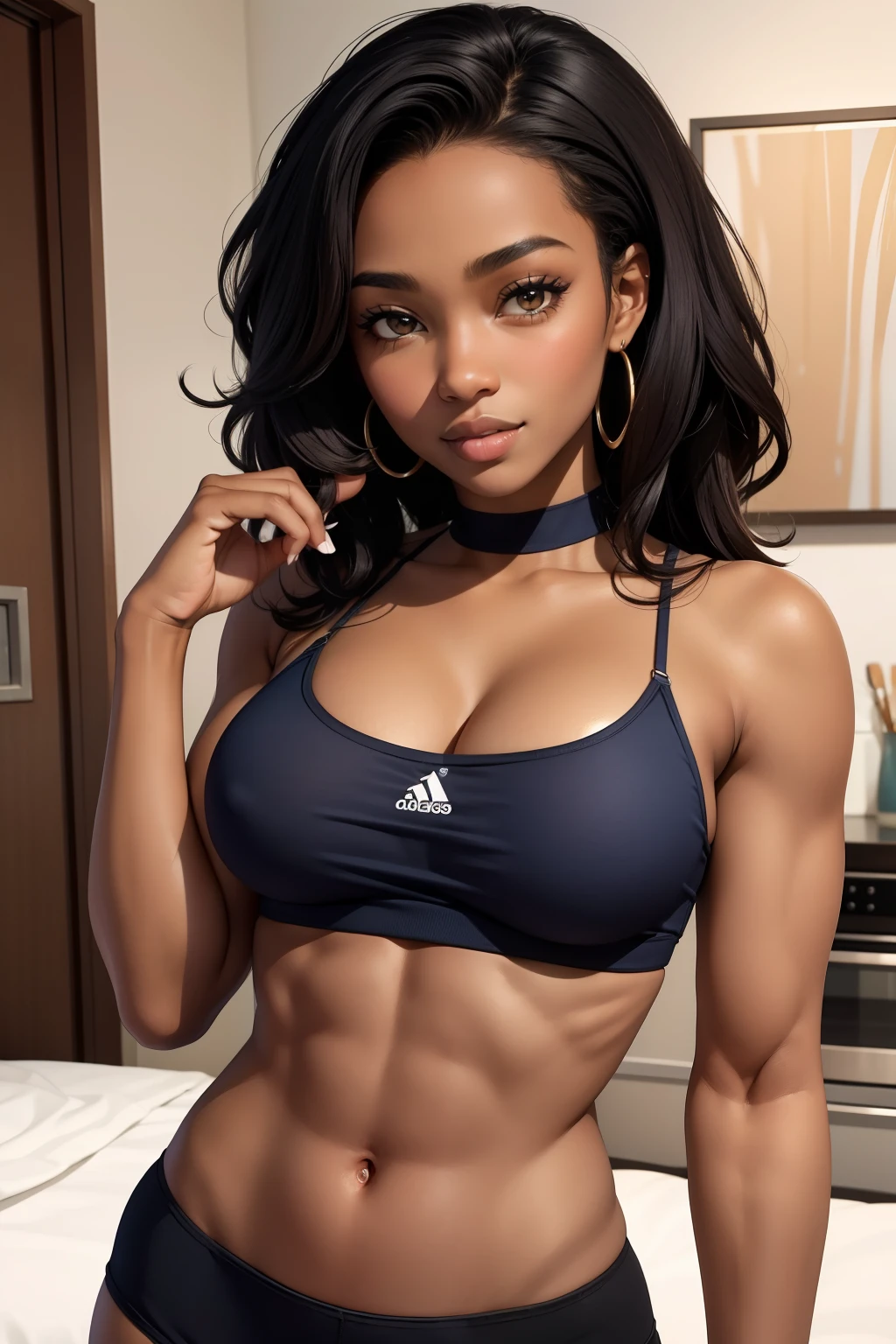(masterpiece, best quality), ebony 1girl, beautiful face, Kimberly_jackson, upper body, belly abs, biceps
