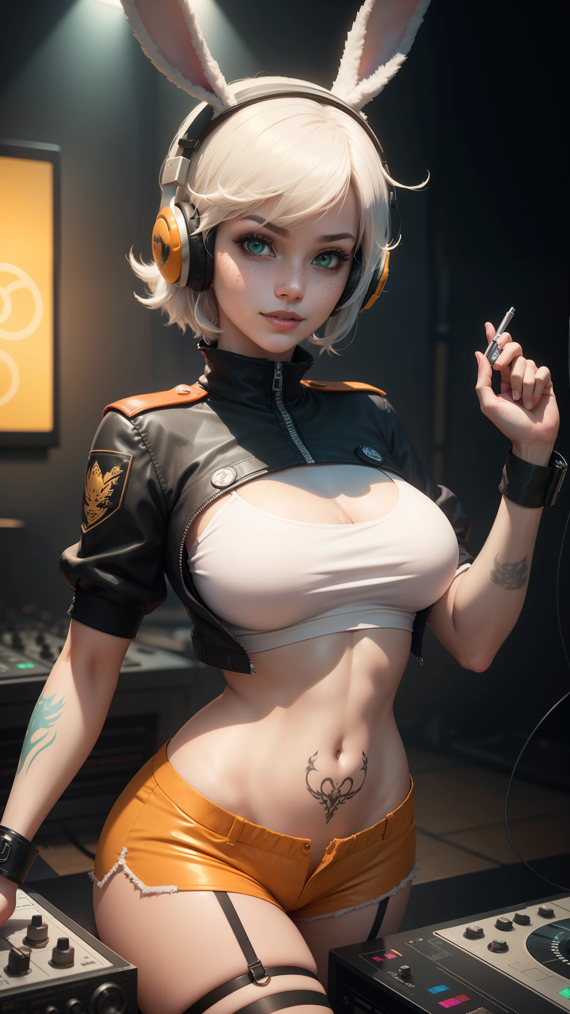 gwen tennyson,tracer,yorha 2b,y'shtola rhul,overwatch,nier automata,eva pilot, cyberpunk night club,tattoos,orange and silver plugsuit,white short sleeve pilot top,orange lycra micro shorts,garter belt,uncovered belly,short hair,cute makeup,green eyes,dimensional golden hair,sexy smile,freckles,beautiful girl,large breasts,8k,ultra detailed, realistic,fantasy art,dj uniform,ear piercings,punk outfit,saiyan girl, saiyan female,white short sleeve punk jacket,bunny headphones,dj mixer,wall paint splatter,dancing,bunny suit,multicolored lights,show stage,