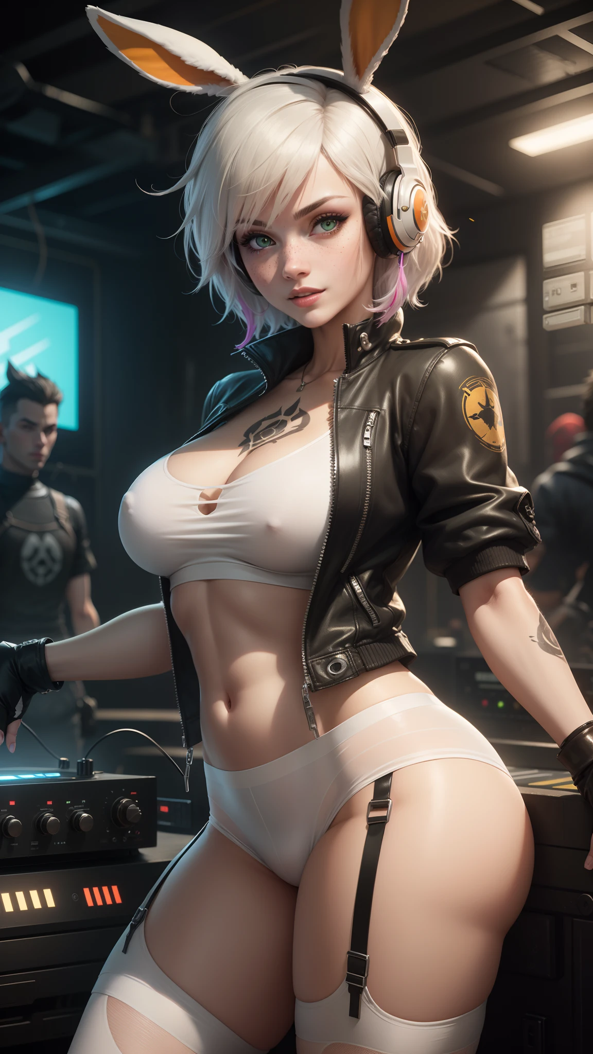 gwen tennyson,tracer,yorha 2b,y'shtola rhul,overwatch,nier automata,eva pilot, cyberpunk night club,tattoos,orange and silver plugsuit,white short sleeve pilot top,orange lycra micro shorts,garter belt,uncovered belly,short hair,cute makeup,green eyes,dimensional golden hair,sexy smile,freckles,beautiful girl,large breasts,8k,ultra detailed, realistic,fantasy art,dj uniform,ear piercings,punk outfit,saiyan girl, saiyan female,white short sleeve punk jacket,bunny headphones,dj mixer,wall paint splatter,dancing,bunny suit,multicolored lights,show stage,