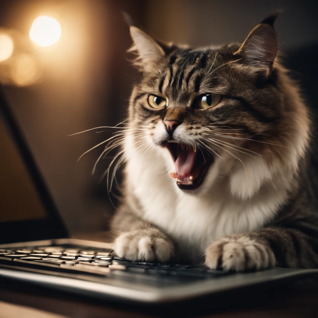 Angry cat banging on laptop keyboard、Screaming