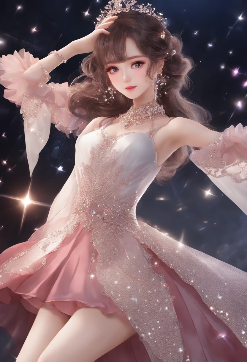 1girl, solo, best quality, masterpiece , Ruby Hoshino,  hair ornament, sparking eyes, star on eye, (star on right eye:1), (dress:1.4), (concert1), on the stage,