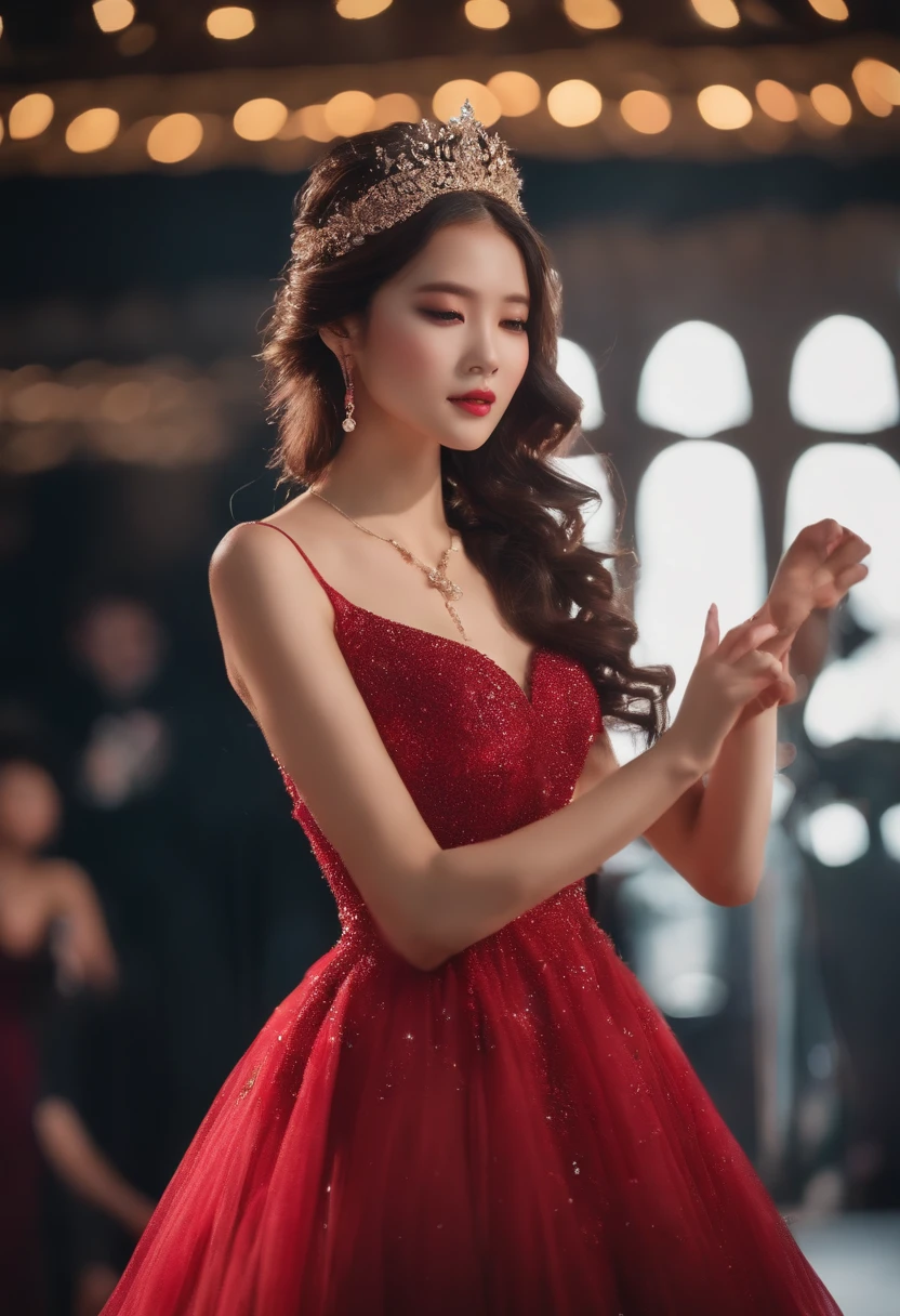 1girl, solo, best quality, masterpiece , Ruby Hoshino, hair ornament, sparking eyes, star on eye, (star on right eye:1), (dress:1.4), (concert1), on the stage,