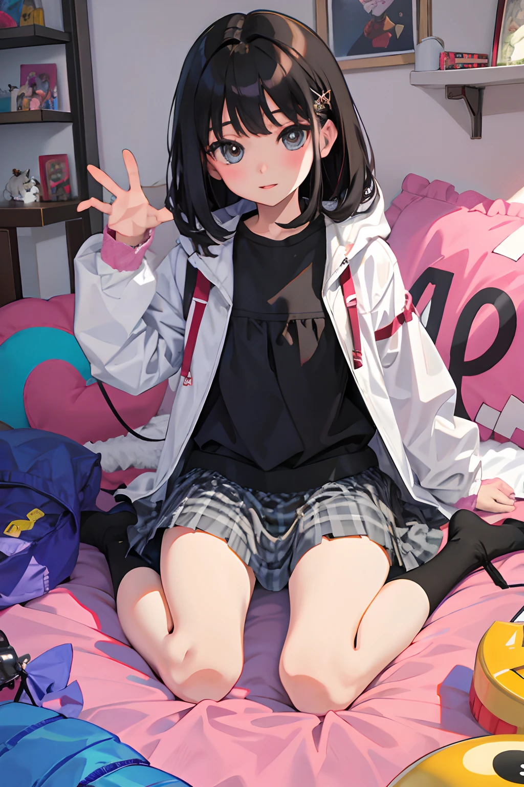 wariza,(),(masterpiece,Highest Quality),parka,(gingham checked skirt),A dark-haired,Twin-tailed,World of toys