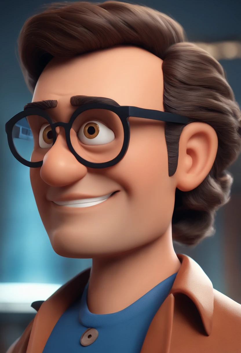 Cartoon character of a man wearing black glasses and a blue shirt, um personagem animado, Caractere estilizado, animation style rendering, 3D estilizado, Arnold Maya render, 3 d render stylized, toon render keyshot, Personagem 3D, Personagem 3D, 3d rendering stylized, 3 d character render, personagem de desenho animado, Personagem de close up, Pose de personagem, (Estilo Pixar) (master part:1.2) (Bokeh) (best quality) (pele detalhada) (textura detalhada) (8k) (argila) (Cinematic lighting) (foco nítido,Senta e vaza a parte superior do corpo