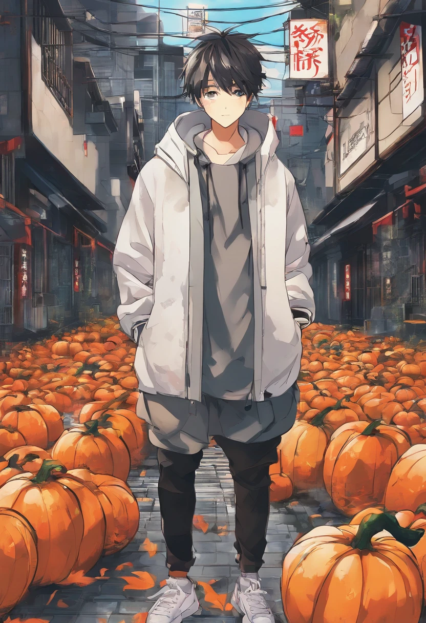 (Hip Hop Scene) Cool young man of hip hop best friend , Full Body Traditional Japan Porcelain Geisha Graffiti Artist Deal With It Graffiti Wears Wallware Badass Selfie Cloak、Halloween worldview、There are pumpkins in the vicinity