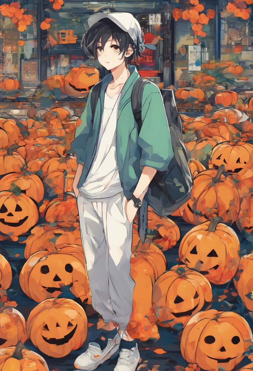(Hip Hop Scene) Cool young man of hip hop best friend , Full Body Traditional Japan Porcelain Geisha Graffiti Artist Deal With It Graffiti Wears Wallware Badass Selfie Cloak、Halloween worldview、There are pumpkins in the vicinity
