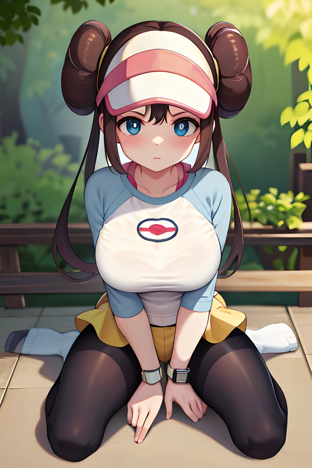 ​masterpiece, top-quality, hight resolution, RO1, Hair buns, blue eyess, Twin-tailed, Visor Cap, panthyhose, raglan sleeves, Yellow shorts, The shirt, Pink ribbon, Watches, Slouched, gym, crouching down, 30 denier soft-touch comfort tights, see -through, crouching down, Open legs, thighs thighs thighs thighs, Attractive thighs,large full breasts、red blush、full body Esbian、appealing breasts、Fluffy clothes、Metamorphosis、breastsout、teats、sexy tummy