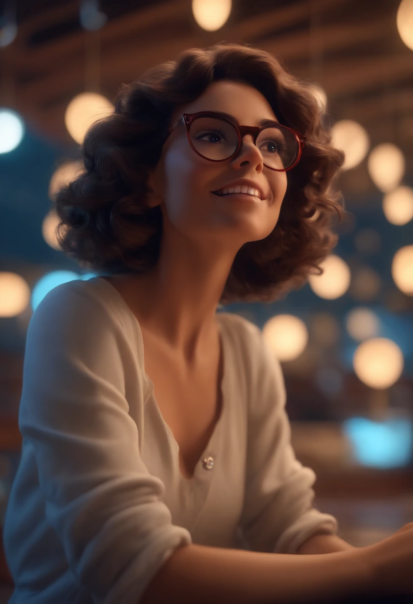 Pixar style image with 3D character white glasses brunette woman short curly hair dancing, Maquiagem Disney,Pescador, bonitinho, sorridente ,Close-up, Pixar, Disney, Cinema lighting,