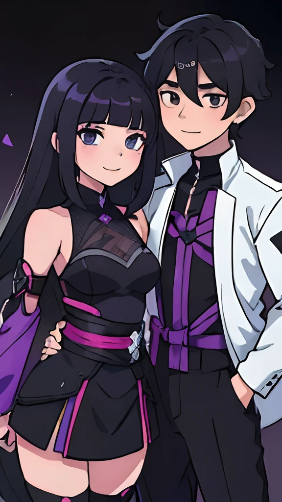 Draw genshin impact couple, full body, boy having his arm around girl's waist. Both leaning on each other. boy chibi with black hair and Messy Parted Light Bangs Korean Hairstyle and low faded sides. Girl hair in purple and long hair. Both smiling and looking at each other. Boy wearing black genshin impact suit.