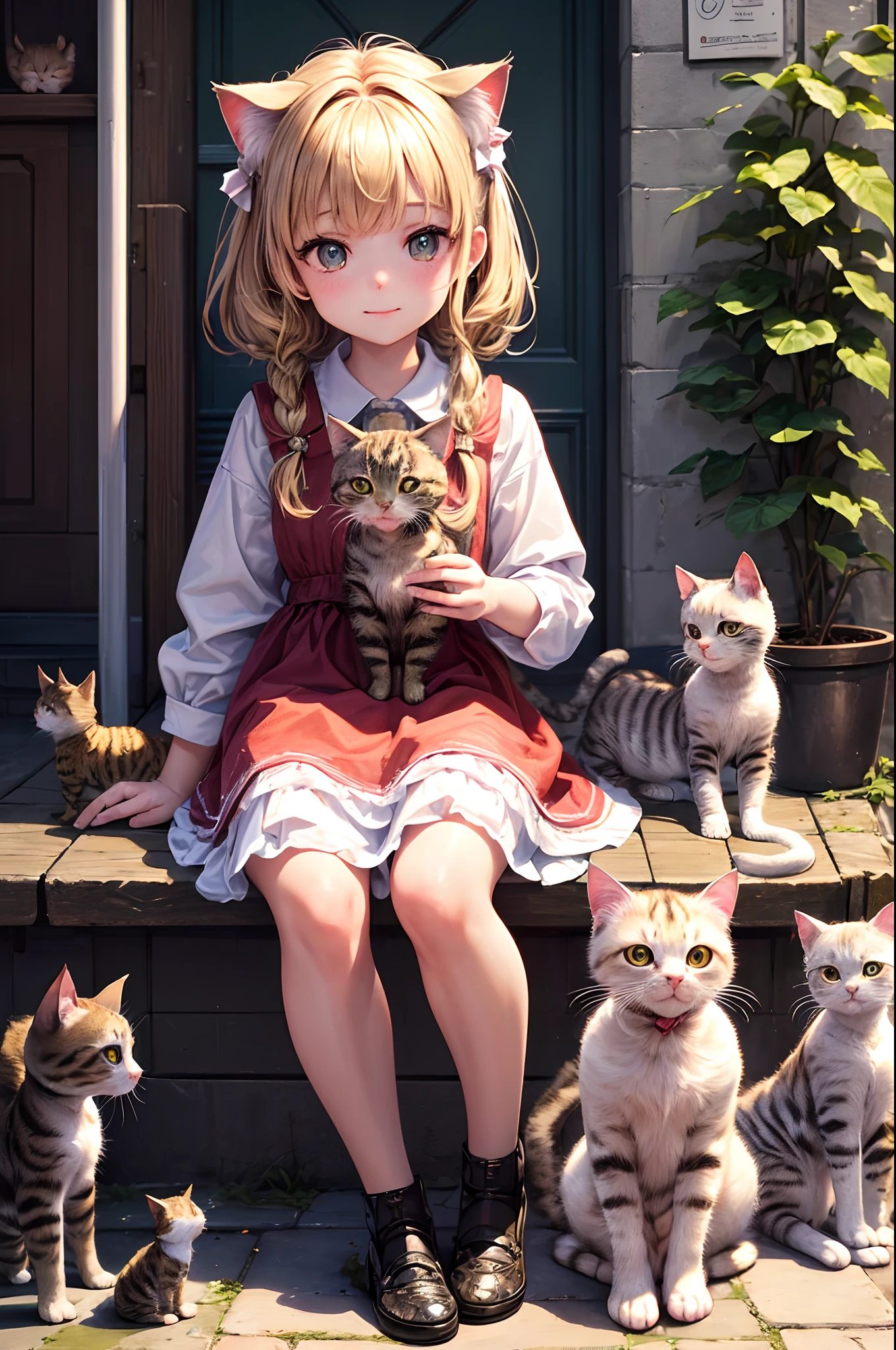 Best quality, high resolution, distinct image, (many (Detailed)  cats) And a girl:1.3), Focus on cats, Little (Detailed) Cats around girls,background is back alley, detasiled sunlight, Sitting, Girls watch the audience, Front view, (Cat looks at the audience:1.2), Sit on the floor and scratch your knees, (cheerfulness:1.3) , (Kitten)