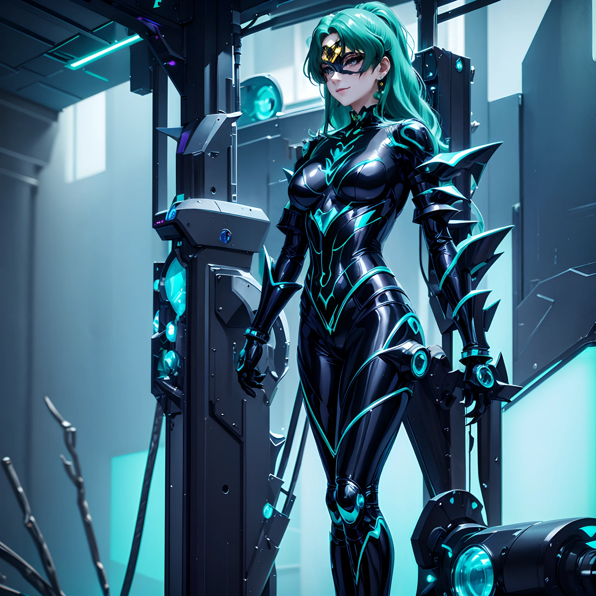 Sailor Neptune of the Fall。female solo. Brainwashed eyes。Evil costume. nefarious smirk。Latex Costume. A black mask covering the eyes. Full Body Stockings. Futuristic machine background