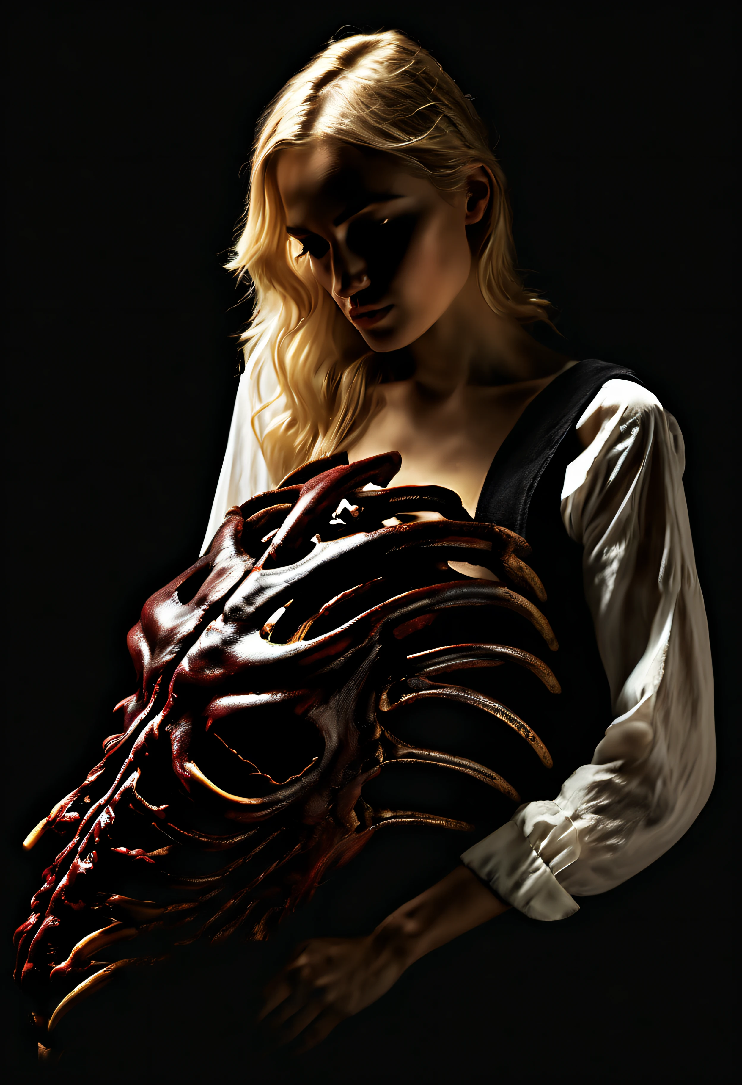 "(The best lighting, alto contraste, oscuro, dramatic),(Chica rubia junto a una cabra negra gigante, Open the rib cage, feto, autopsia, huesos humanos, sangre por las paredes). Luz Caravaggio"