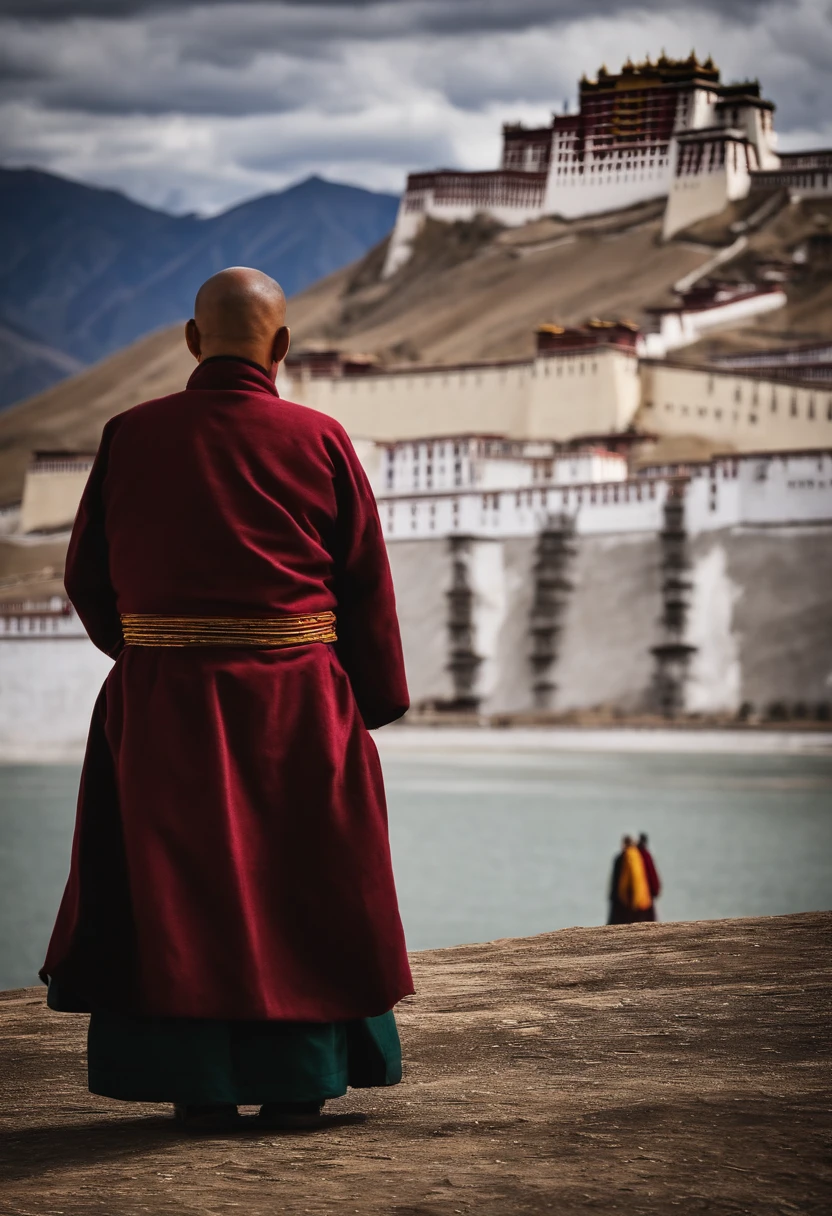 A Tibetan lama，Standing on the high ground of Qinghai-Tibet，looked at the Potala Palace with a melancholy face