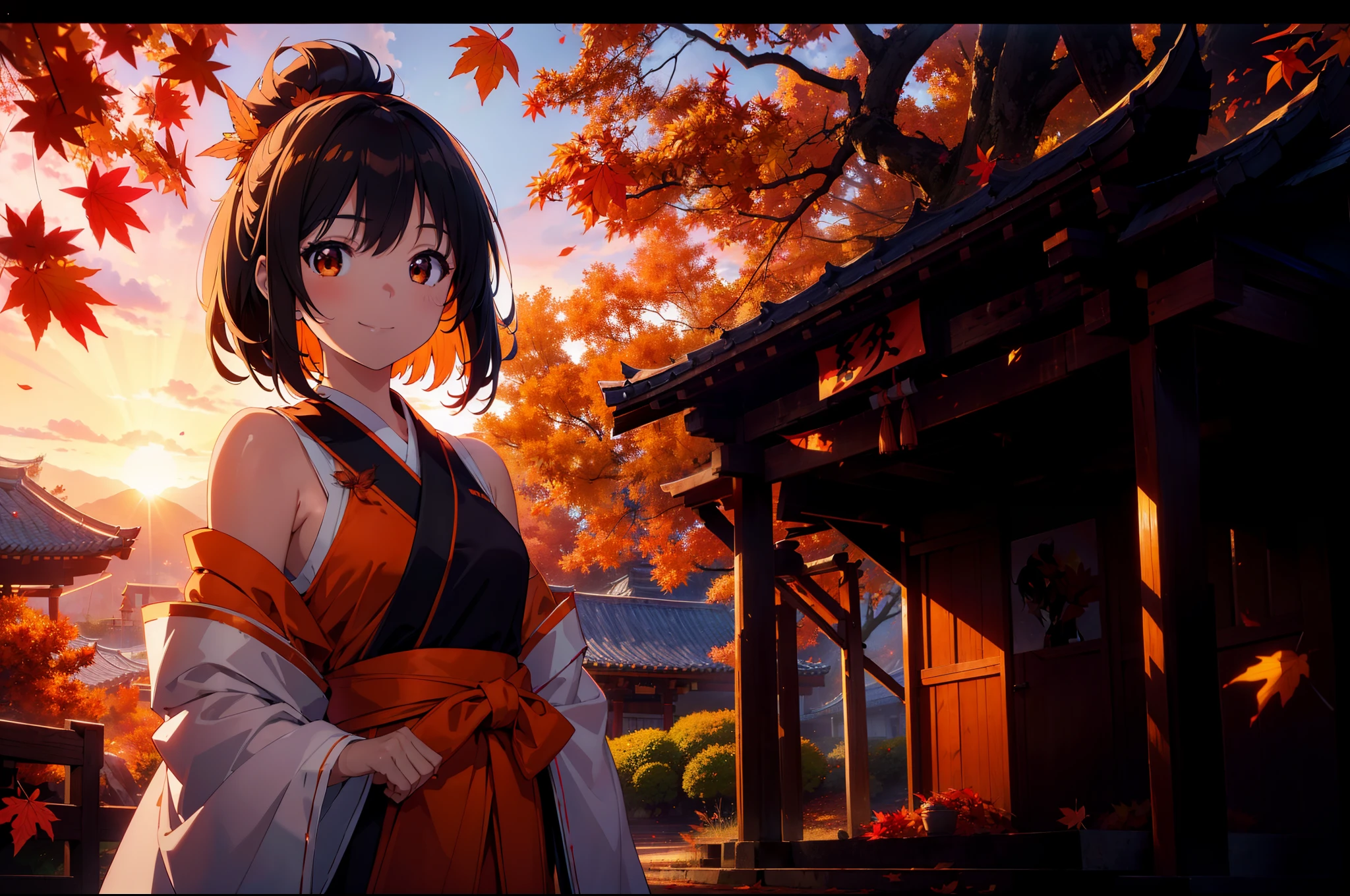 1 miko girl , cinematic lighting , cinematic angle,very wide shot,(orange lighting), autumn leaves , shrine ,sunset,smile ,((masterpiece)), ((best quality)), ((ultra-detailed)), (illustration), ((an extremely delicate and beautiful))