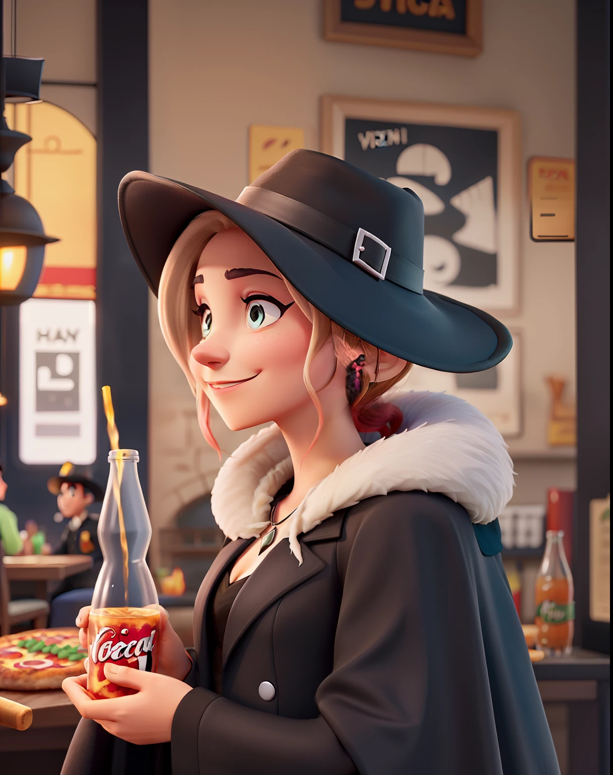 A villain in a black hat, Black cape and a pizza in hand or glass of soda