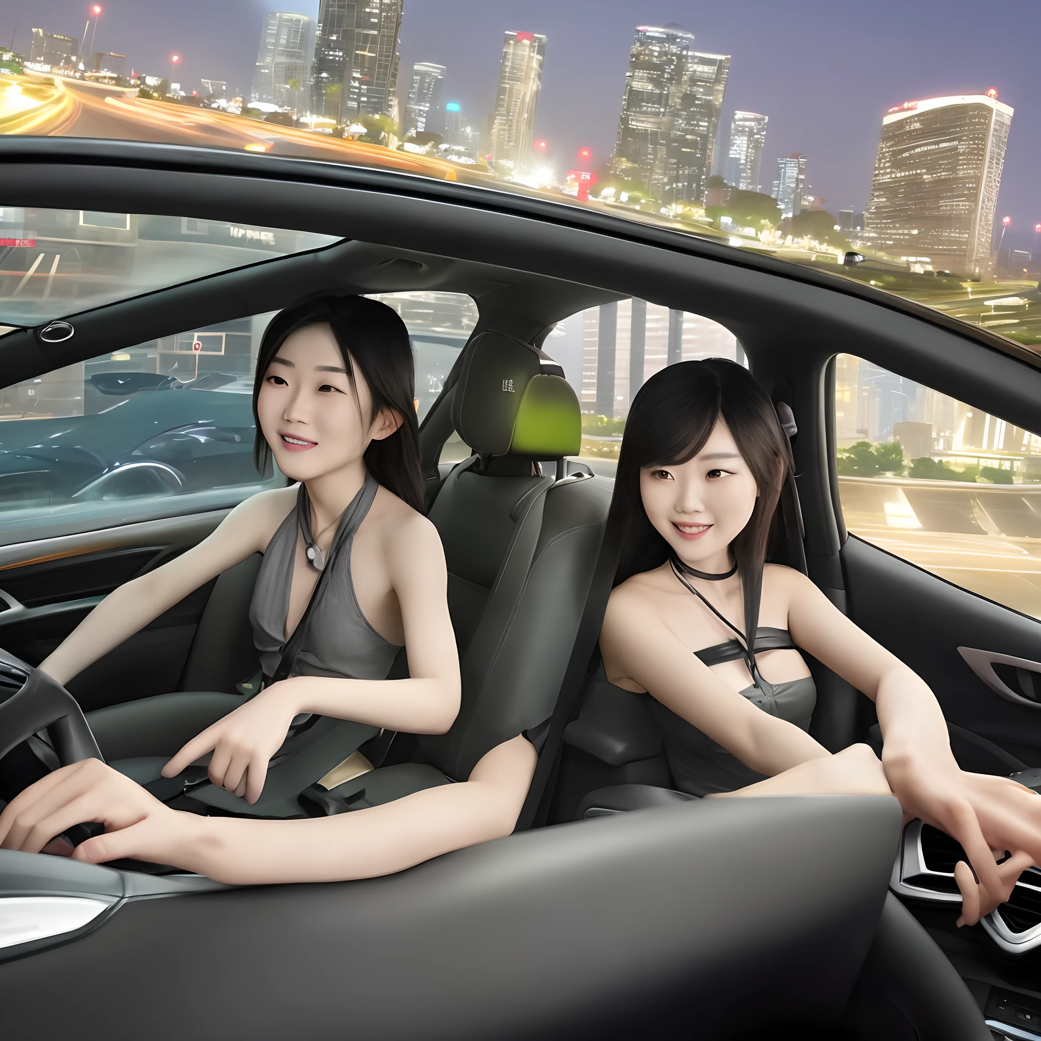 Disney Pixar animated chinese boy driving a car with chinese girl in the passenger seat. they are talking happily. girl is wearing a khaki spaghetti strap halter top and boy is wearing a grey and black button down shirt. They are driving down an expressway at night and there are skyscrapers and hotels in the background