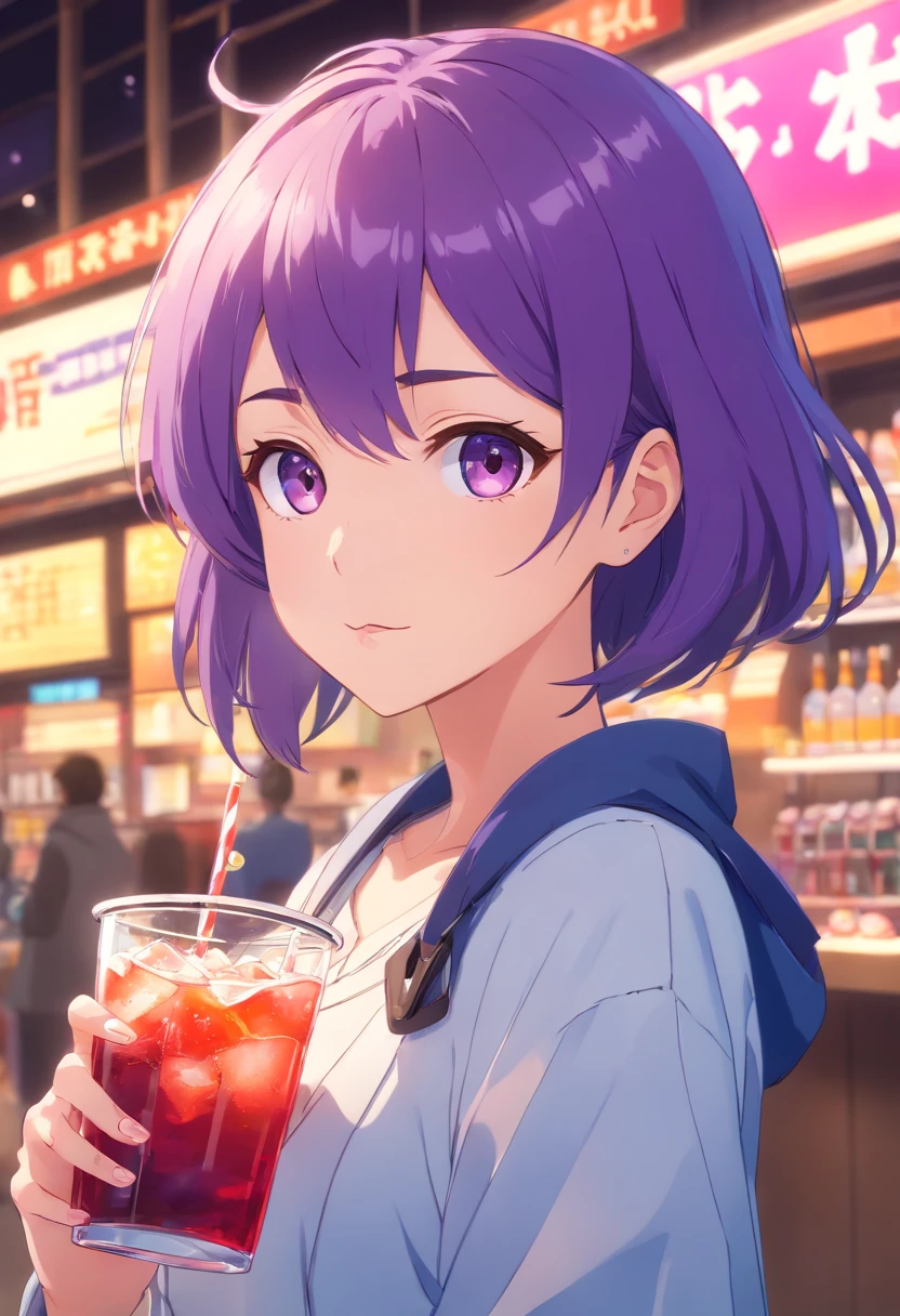 animemanga girl,Purple hair and purple hat drink drinks, anime visual of a cute girl, Detailed digital anime art, anime girls drink Energy drink, beautiful anime art style, Anime art wallpaper 4k, Anime art wallpaper 4 K, cute anime girl portraits, High Quality Anime Art Style, from girls frontline, lovely art style, style of anime4 K