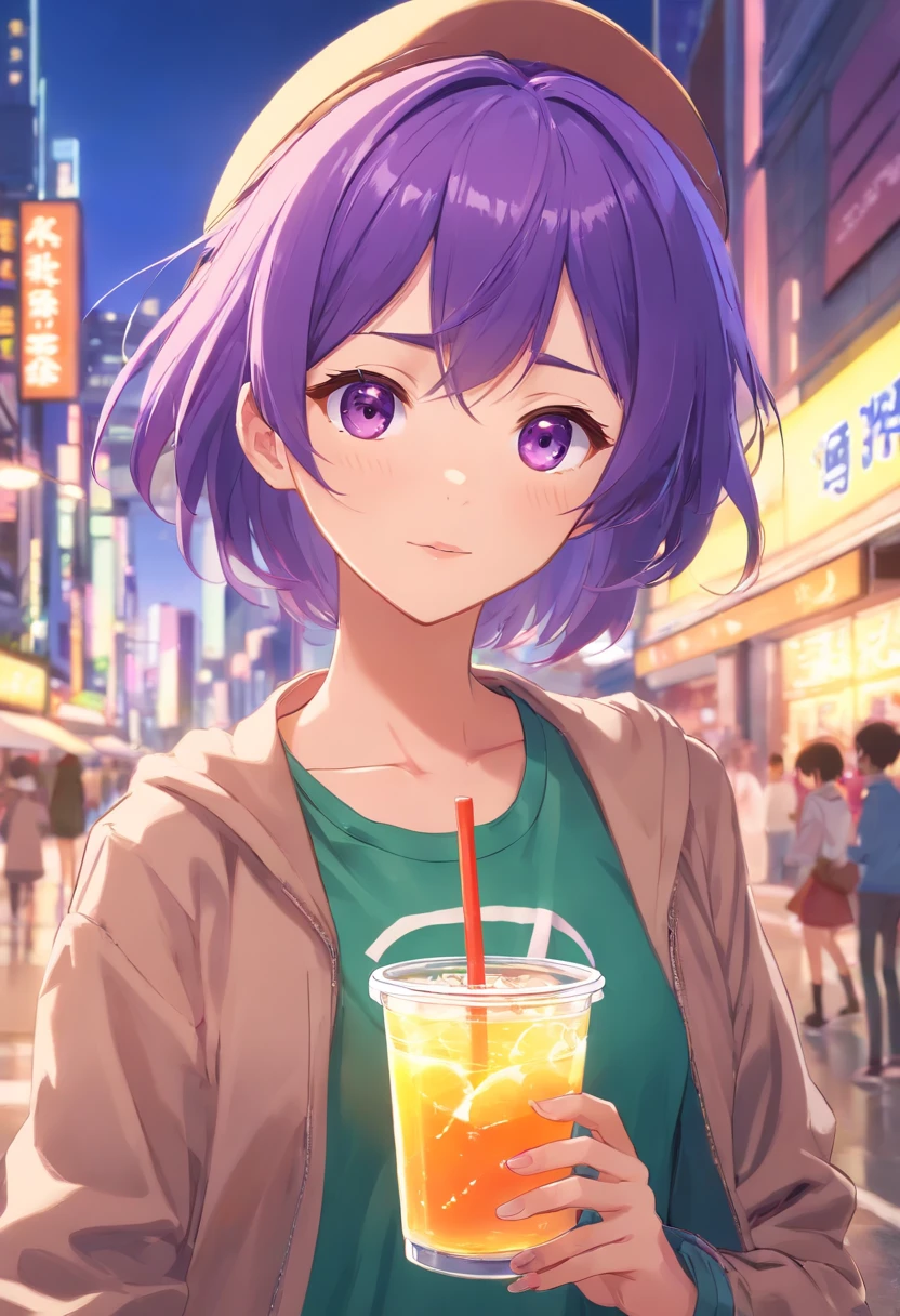 animemanga girl,Purple hair and purple hat drink drinks, anime visual of a cute girl, Detailed digital anime art, anime girls drink Energy drink, beautiful anime art style, Anime art wallpaper 4k, Anime art wallpaper 4 K, cute anime girl portraits, High Quality Anime Art Style, from girls frontline, lovely art style, style of anime4 K