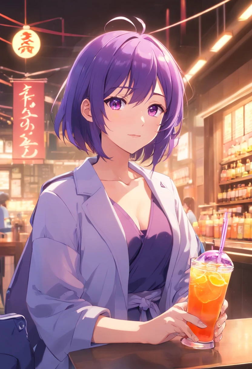 1girl, solo, animal ears, pose, happy, smiling, fangs, purple bear ears, purple hair, looking at viewer, ahoge, bangs, short hair, original character, pink eyes, magenta eyes, red eyes, multicolor eyes, short hair, wavy hair, swept bangs, small breasts, flat chest, bear ears, tired, sleepy, bags under eyes, beauty mark, young, loli, short eyebrows, bar, nighttime, bar background, smug, drunk, laughing, flushed, blushing, smirk, full face blush, doyagao, :3, >:3, red face, >///<, embarassed, drunk, drunk, drunk, drinking, margarita, mixed drink, purple drink