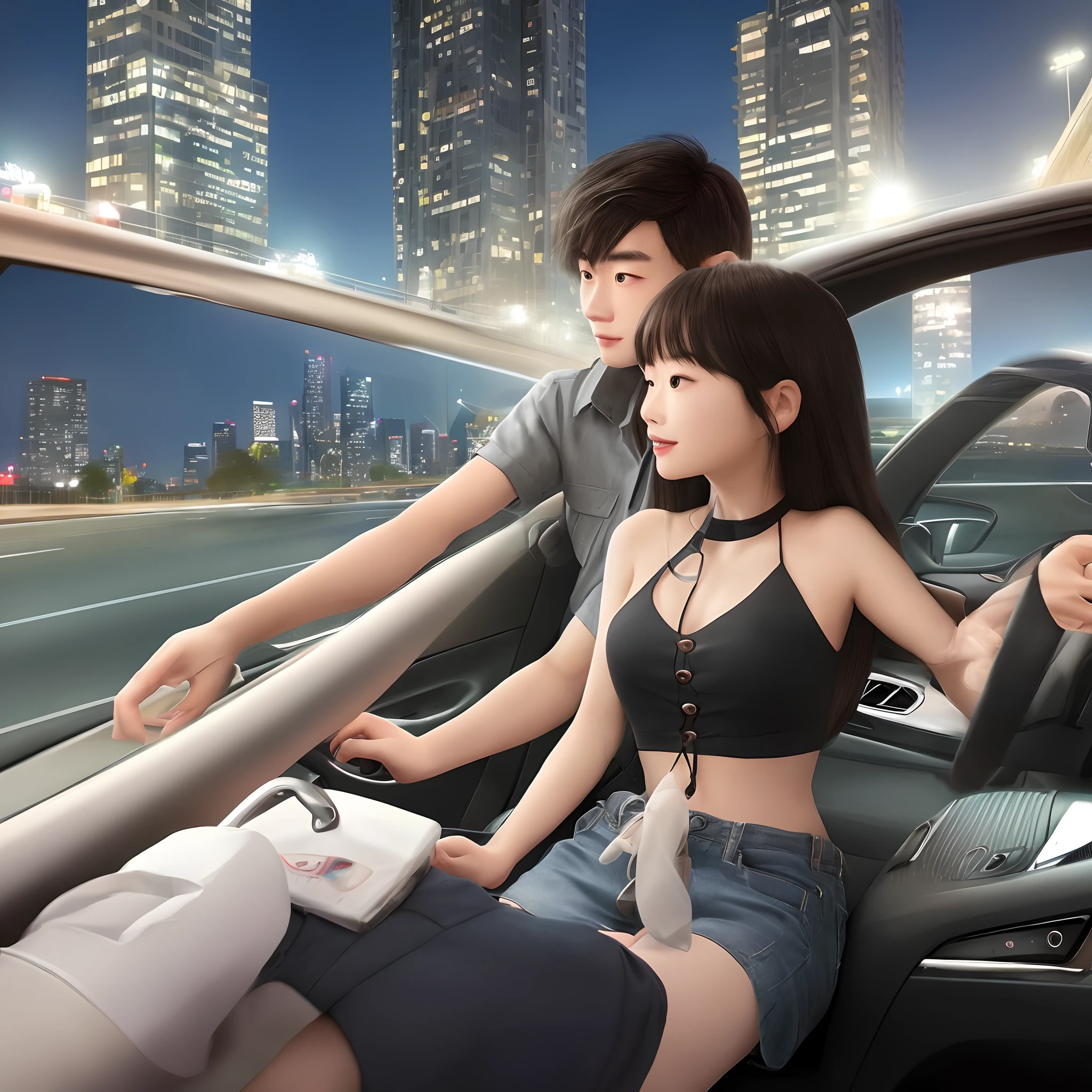 Disney Pixar animated chinese boy driving a car with chinese girl in the passenger seat. they are talking happily. girl is wearing a khaki spaghetti strap halter top and boy is wearing a grey and black button down shirt. They are driving down an expressway at night and there are skyscrapers and hotels in the background