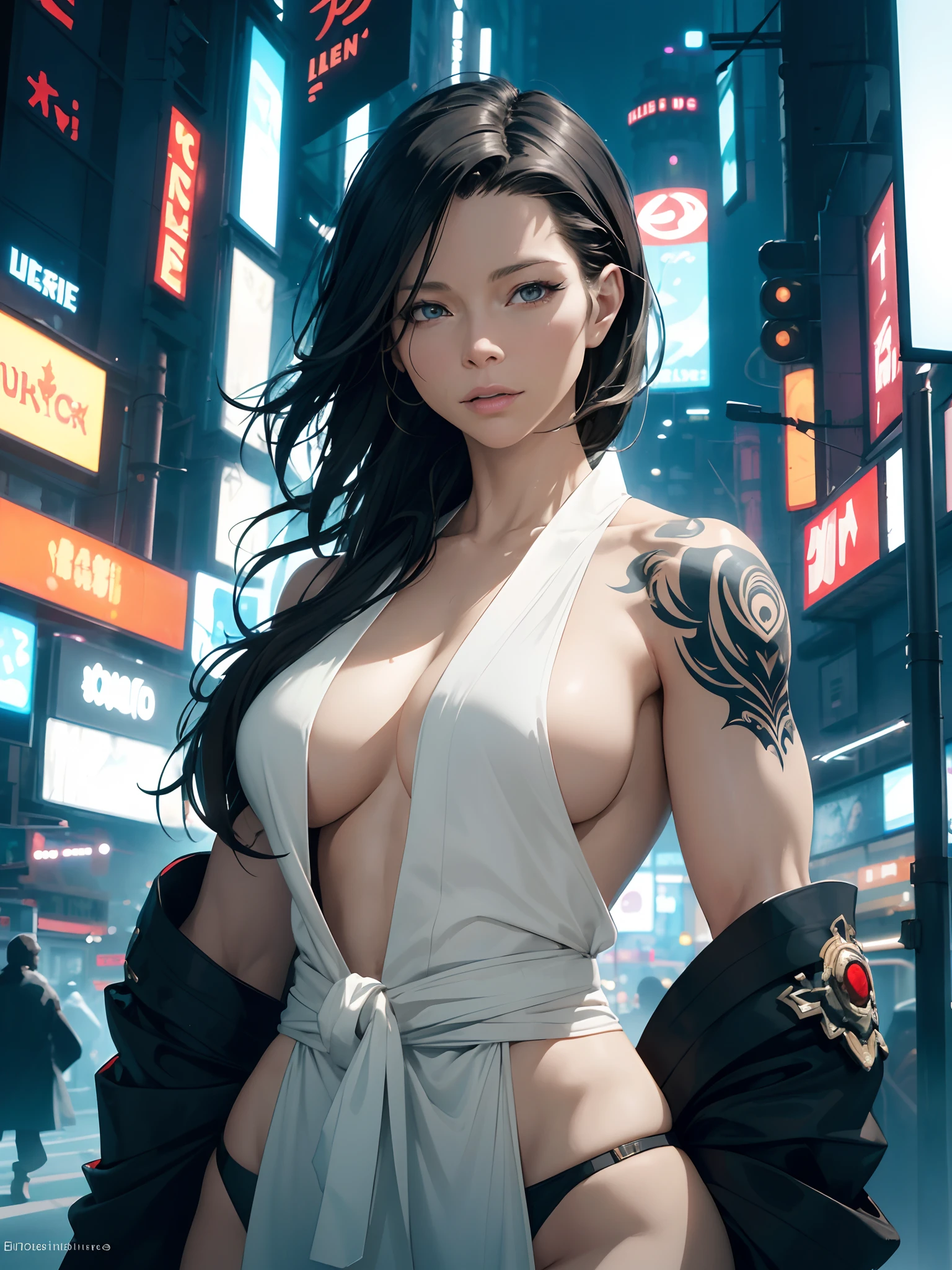 perfect artwork of John Blanche, (Jessica biel:Evangeline Lilly) short black hair, white open kimono, fully body tattoos, serious face, in action cinema pose looking in camera. Digital art. trending composition. vibrant side lighting, centered in a vibrant, technicolor cyberpunk detailed city landscape. night neon lighting. masterpiece, best quality, layered lighting