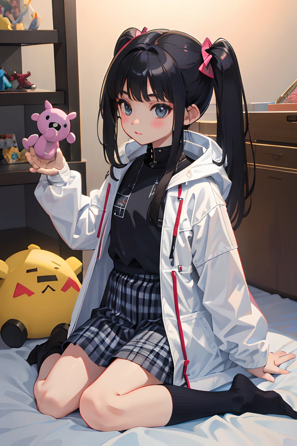 wariza,(),(masterpiece,Highest Quality),parka,(gingham checked skirt),A dark-haired,Twin-tailed,World of toys