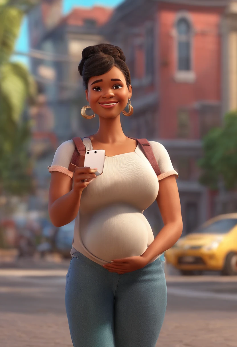 Estilo Pixar: a pregnant woman, Standing on the street in Angola, Morena, cabelos escuro e  longos, in the hand, Ela tem um celular, 3D Poster, Disney