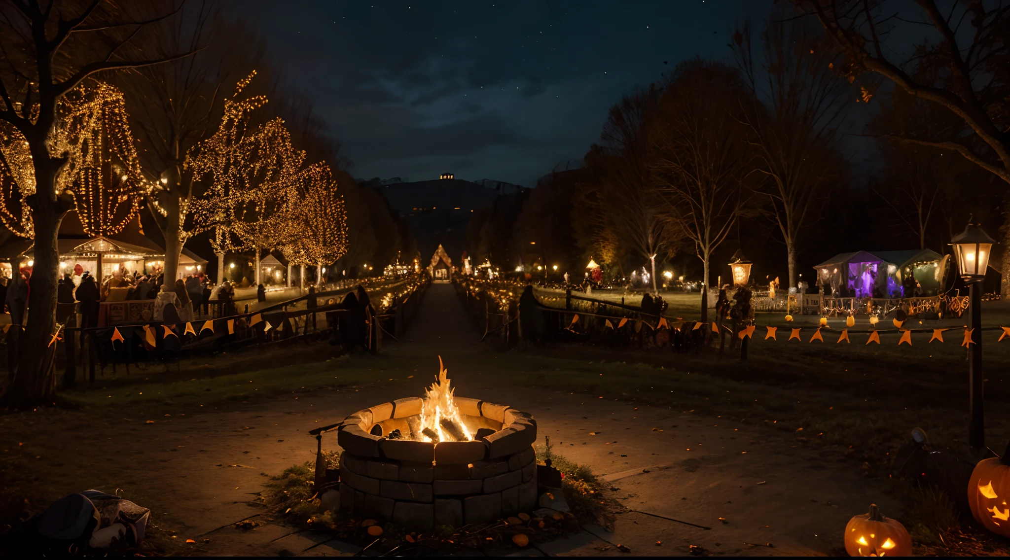 A captivating landscape capturing a vibrant village celebrating halloween, with a harmonious blend of tradition and nature. The festive atmosphere and enchanting setting create a scene of warmth and unity. High-resolution image, colorful decorations, lantern-lit village, festive attire, warm bonfires, magical landscape, joyful celebration, Samhain tradition, heartwarming gathering. ambiance, masterpiece, best quality, high quality, extremely detailed, Halloween,