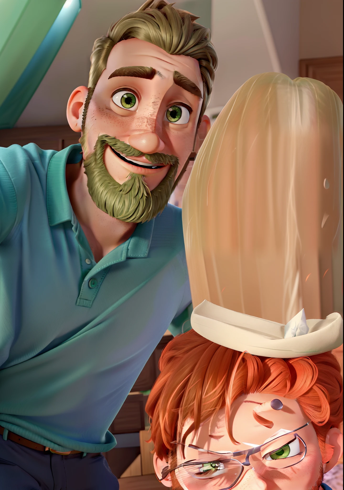 Homem moreno, calvo e barba curta ao lado de uma mulher branca, olhos verdes, cabelo castanho claro, ESTILO DINEY PIXAR. ALTA QUALIDADE