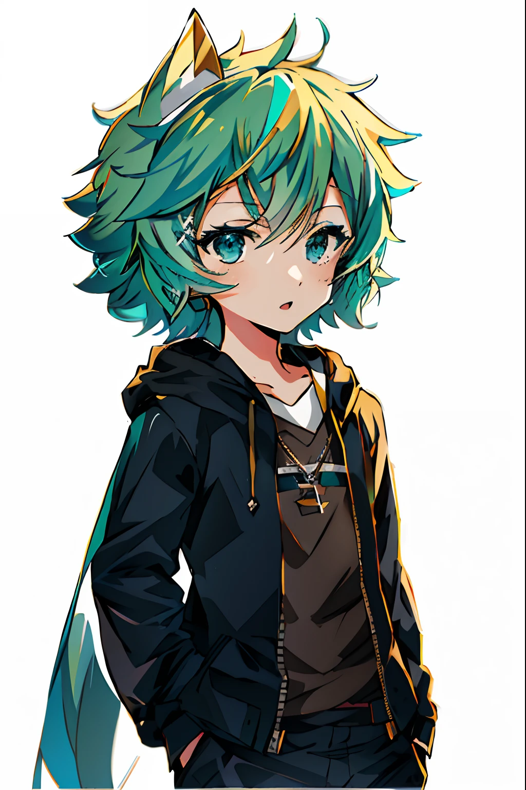 Green hair and blue eyes anime character wearing a black jacket, nagito komaeda, anime moe art style, Anime girl with teal hair, hatsune miku short hair, Anime Boy, Mikudayo, by Puru, 2 d anime style, High quality anime art style, anime style character, tall anime man with blue eyes, young anime man, Anime Character,Open your mouth and make a troubled expression
