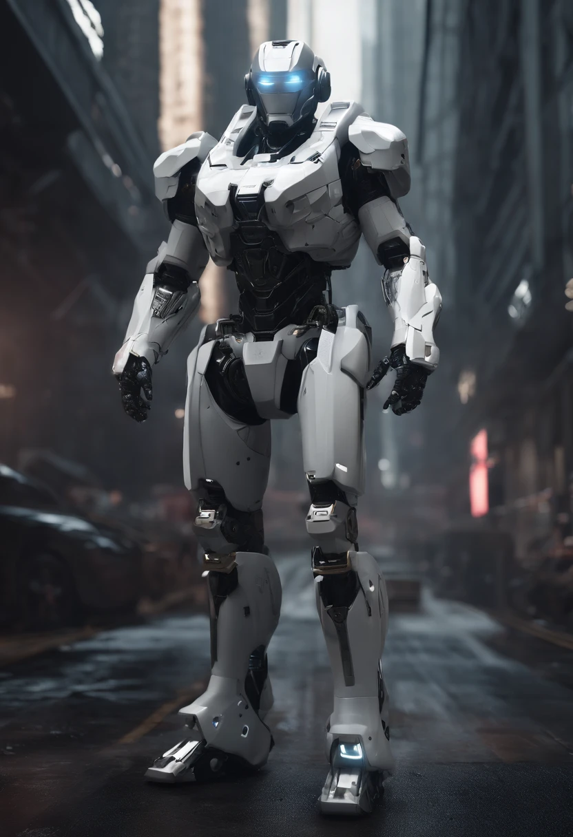 Escuro_fantasia,Cyberpunk, (best quality, master part),Branco,1 homem,mechanical marvel,robotic presence,cybernetic guardian,wearing a cybernetic jacket,cidade, arte digital da mais alta qualidade, arte deslumbrante, papel de parede 4k, altamente detalhado, military robot,army, zona de guerra,preto e branco, arte digital da mais alta qualidade, arte deslumbrante, papel de parede 4k,8k,64 mil, disco Rigido, Unparalleled masterpiece, dynamic lighting, cinemactic, epics, damaged mechanical parts