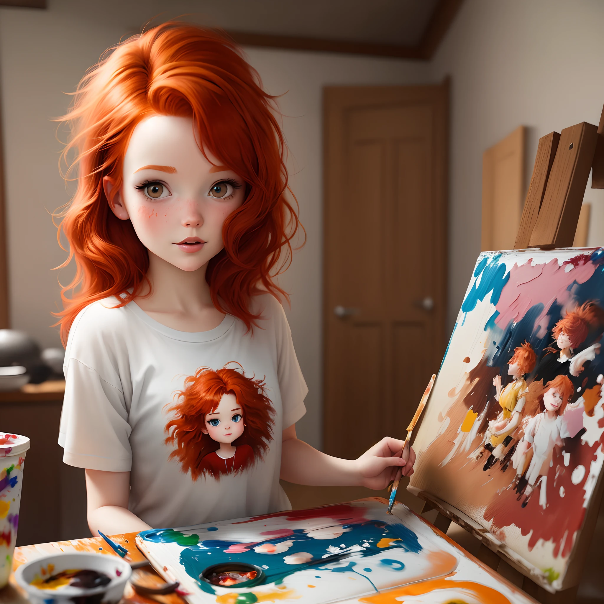 Pixar Style Redhead Girl With Messy Hair Painting