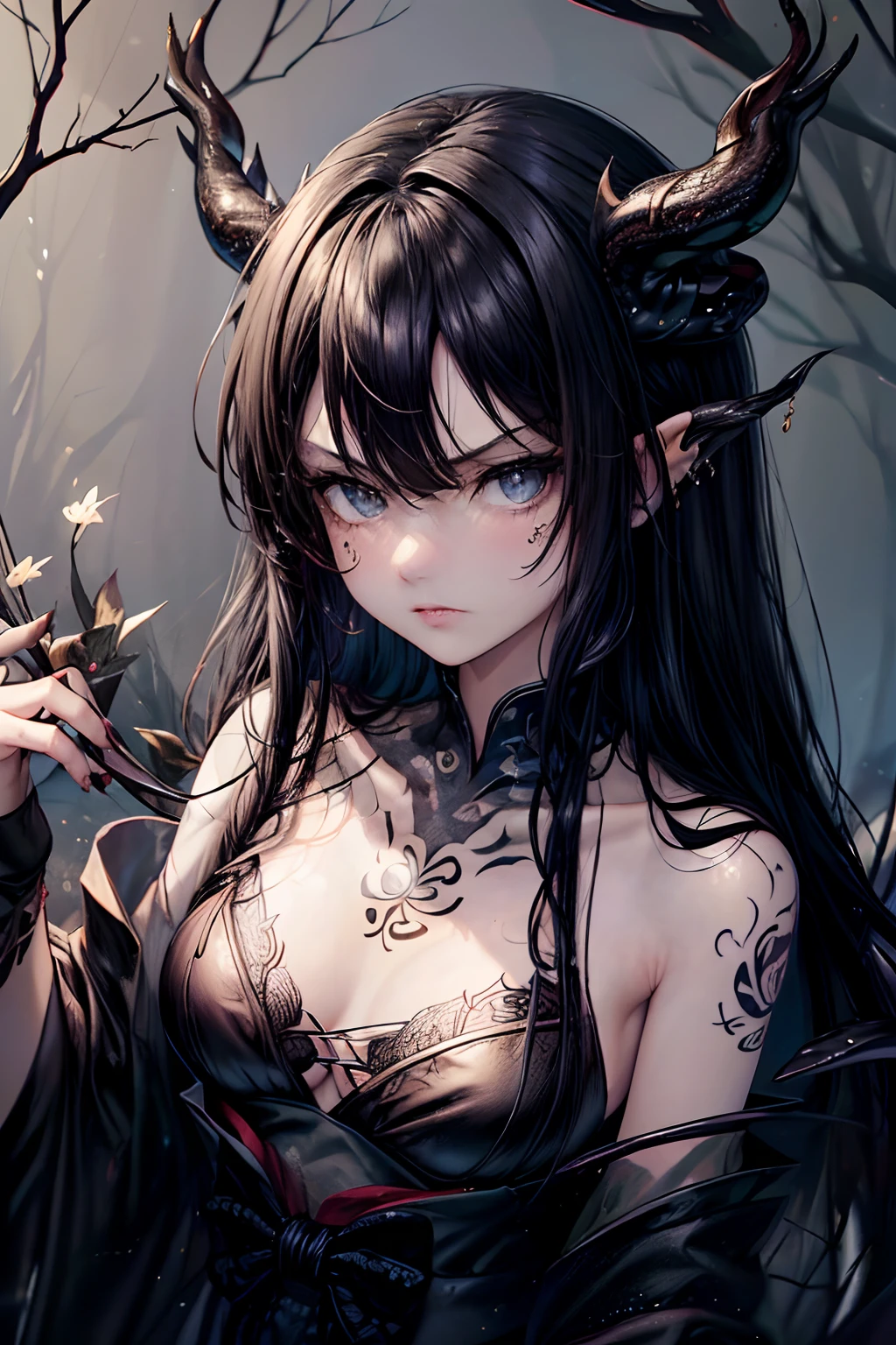 ((1st grade)), sozinho, (((obra-prima))), ((melhor qualidade)), (super detalhe), (Muito Mau e Belo)), cinematiclight, mulher encarandoa o observador no meio de uma floresta escura e fria (((Japanese tattoos with black dragons and Japanese symbols)), Roupas ocidentais, ((serious and seductive look)), piercing na orelha, alargador na orelha preto