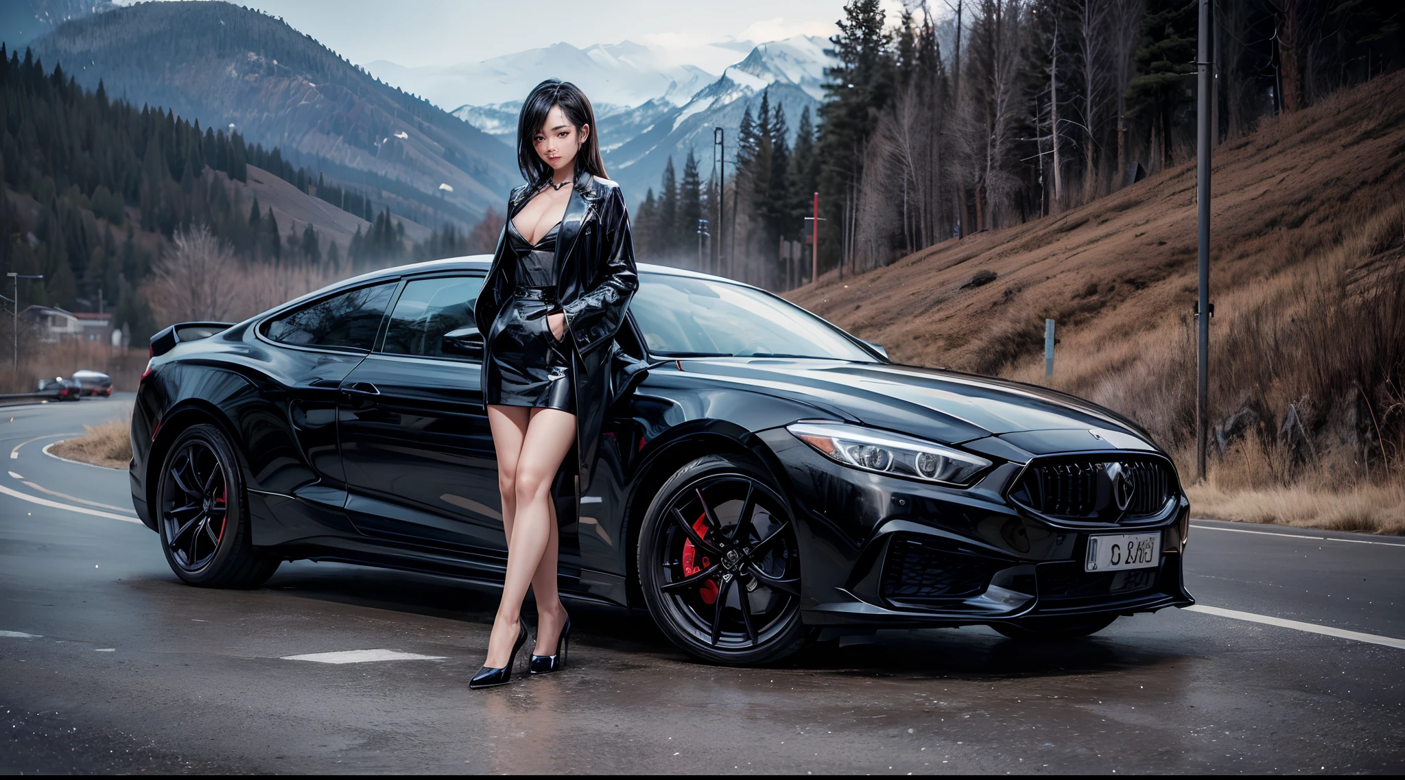 (stand in front of a car),collarbone, Overcoat,(high heel:1.3),full body shot, pretty girl, Japanese woman, 1 girl, solo, looking at viewer, slender, extremely detailed face, grim,((viewer looking her face to legs)), mountain pass background,ultra detailed super car,masterpiece, (8k, RAW photo, portrait, best quality, ultra high res, ultra detaile:1.2),