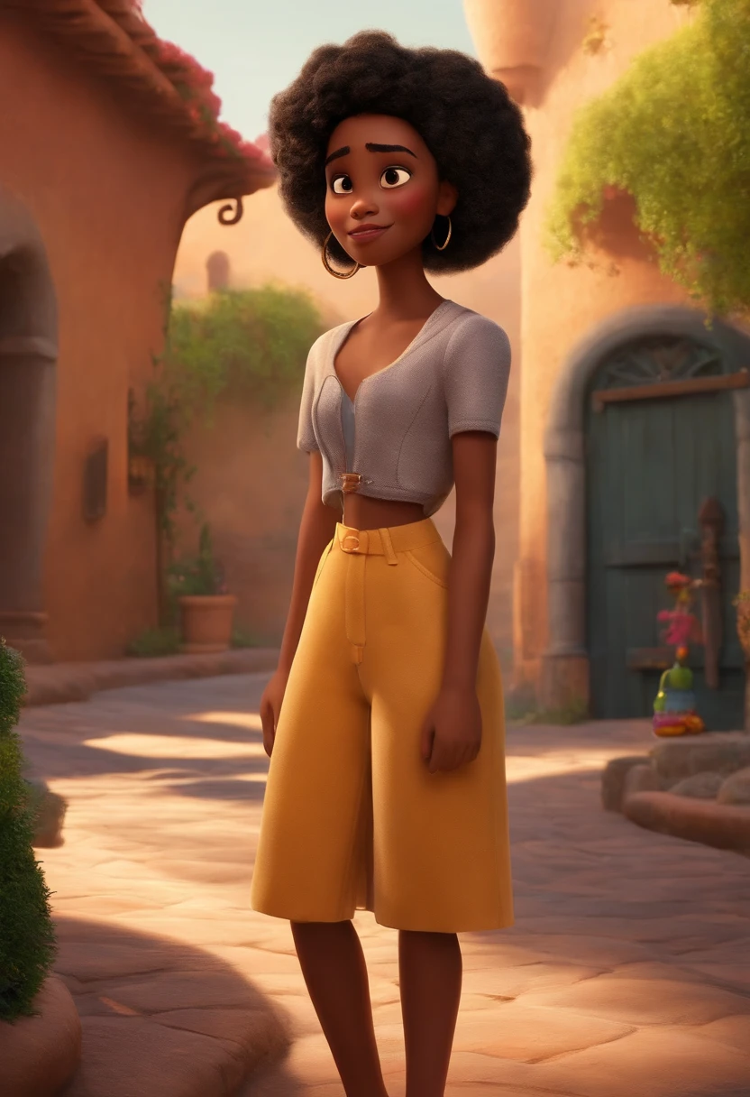 Um filme inspirado na Disney Pixar (MENINA NEGRA JOVEM COM CABELO LONGO CACHEADO PRETO) dentro A cena estar na arte distinta do estilo PIXAR, descolada e estilosa