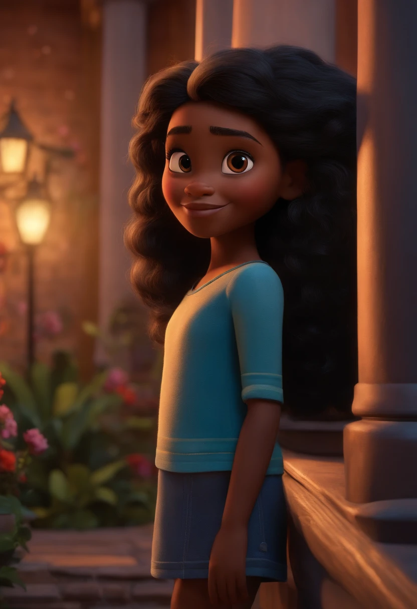 Um filme inspirado na Disney Pixar (MENINA NEGRA JOVEM COM CABELO LONGO CACHEADO PRETO) dentro A cena estar na arte distinta do estilo PIXAR, descolada e estilosa