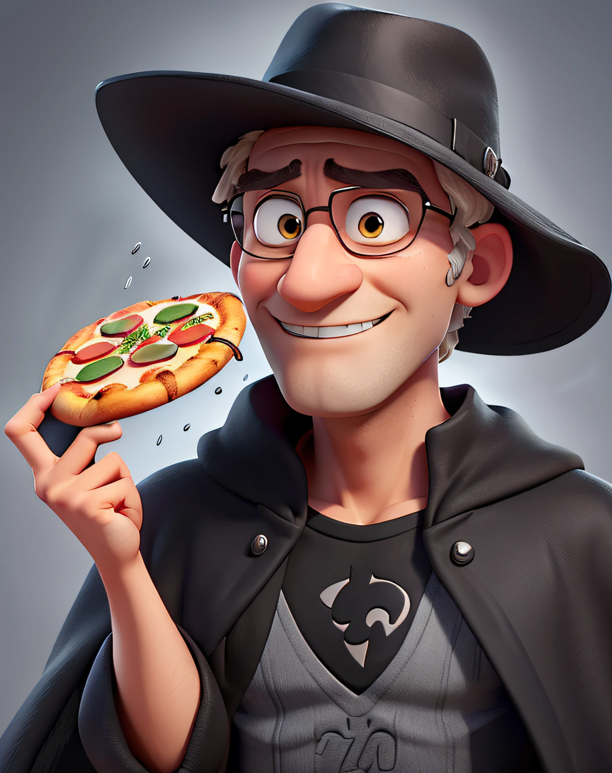 a villain with a more serious face with a black hat, black cape and a pizza in his hand or a glass of soda