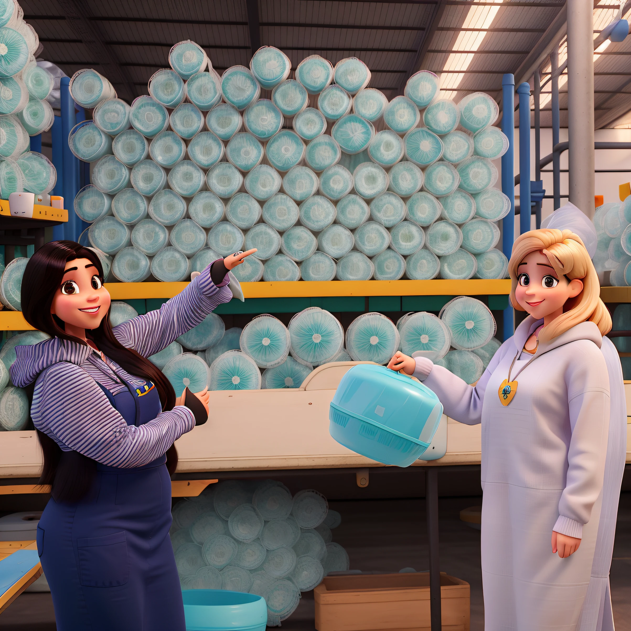 Mulheres de cabelo solto e sorrindo, estilo disney pixar, with fiberglass filter factory background, segurando um rolo de filtro fibra de vidro, em alta qualidade, melhor qualdade