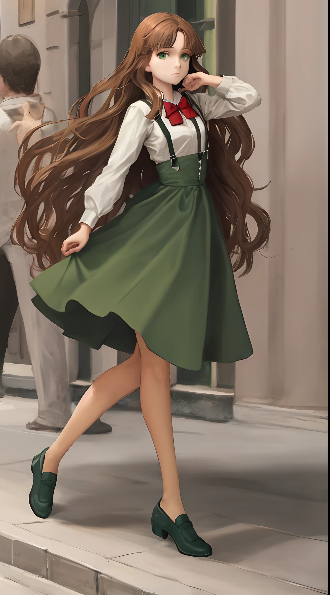 Long brown hair, green eyes, artist, dark red suspenders, green shoes, Italian girl, Florence, red bow tie