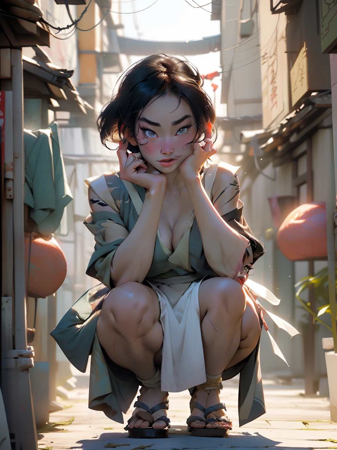 (((Mulan from Disney's Mulan))), (((perfect hands))), (((perfect fingers))),perfect face, perfect legs, perfect skin, (((wearing a apron))), ((cleavage)), (((a very crowded street))), ((movie-like lighting)), (((squatting)))