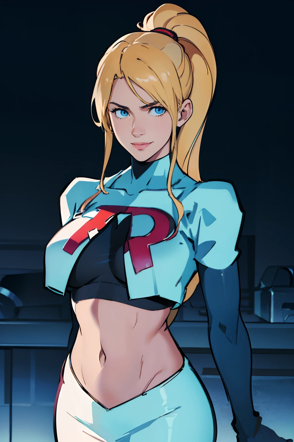 samus aran, ponytail, hair tie, team rocket, team rocket uniform, red letter R, white skirt, white crop top, black thigh-highs, black elbow gloves, smile
(best quality,4k,8k,highres,masterpiece:1.2),ultra-detailed,(realistic,photorealistic,photo-realistic:1.37),HDR,UHD,studio lighting,ultra-fine painting,sharp focus,physically-based rendering,extreme detail description,professional,vivid colors,bokeh,portraits,landscape,horror,anime,sci-fi,photography,concept artists, vibrant colors,contrast lighting