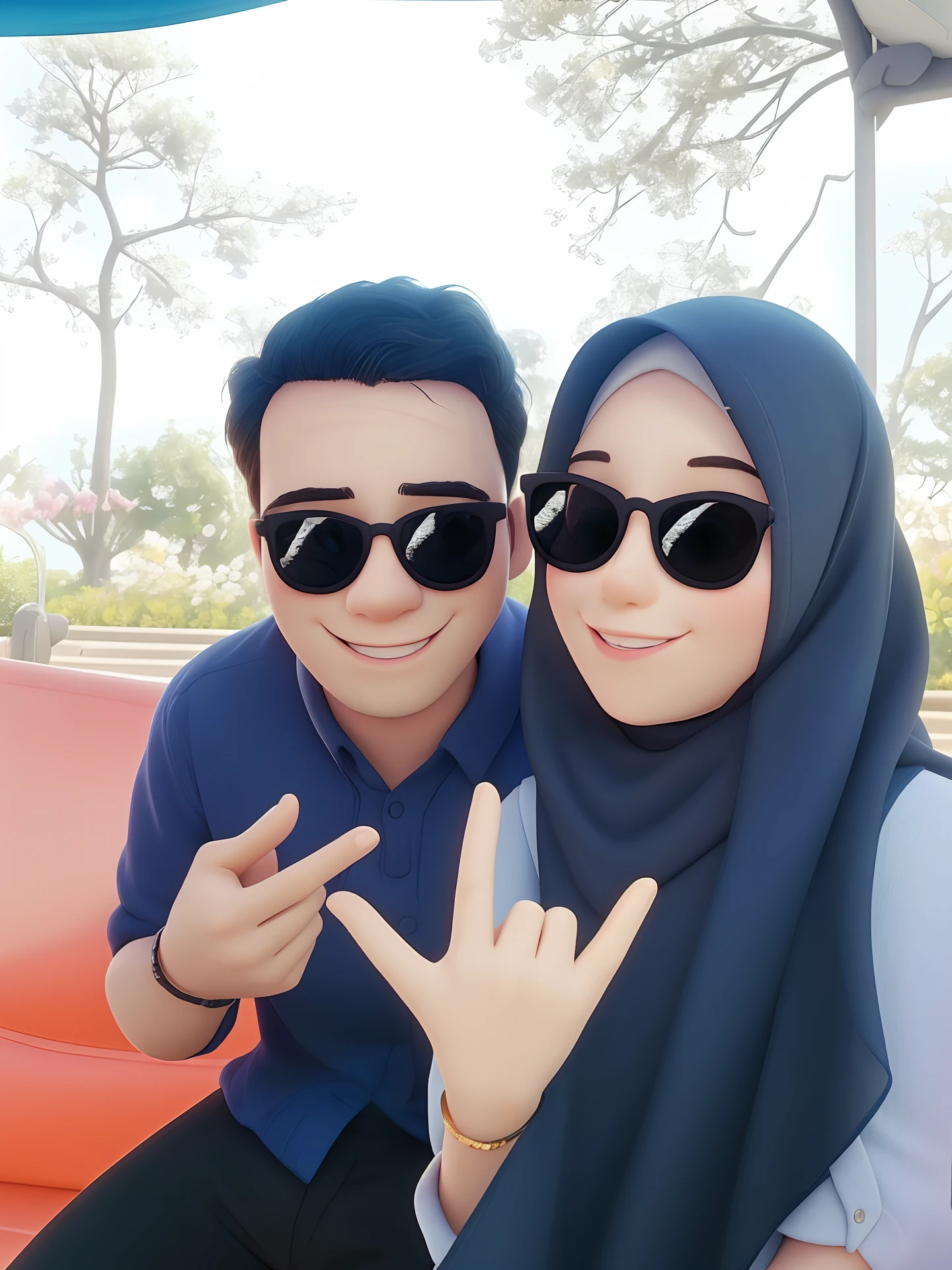 masterpiece, disney, 3d animation, there are two people that are posing for a picture together, with sunglass, couple pose, lovely couple, couple, in love selfie, happy couple, with her, her wearing hijab, 😃😀😄☺🙃😉😗, with sunset, scandy and arender, smooth in _ the background, wear ray - ban glass, tumblr, with black, background blur, selfie