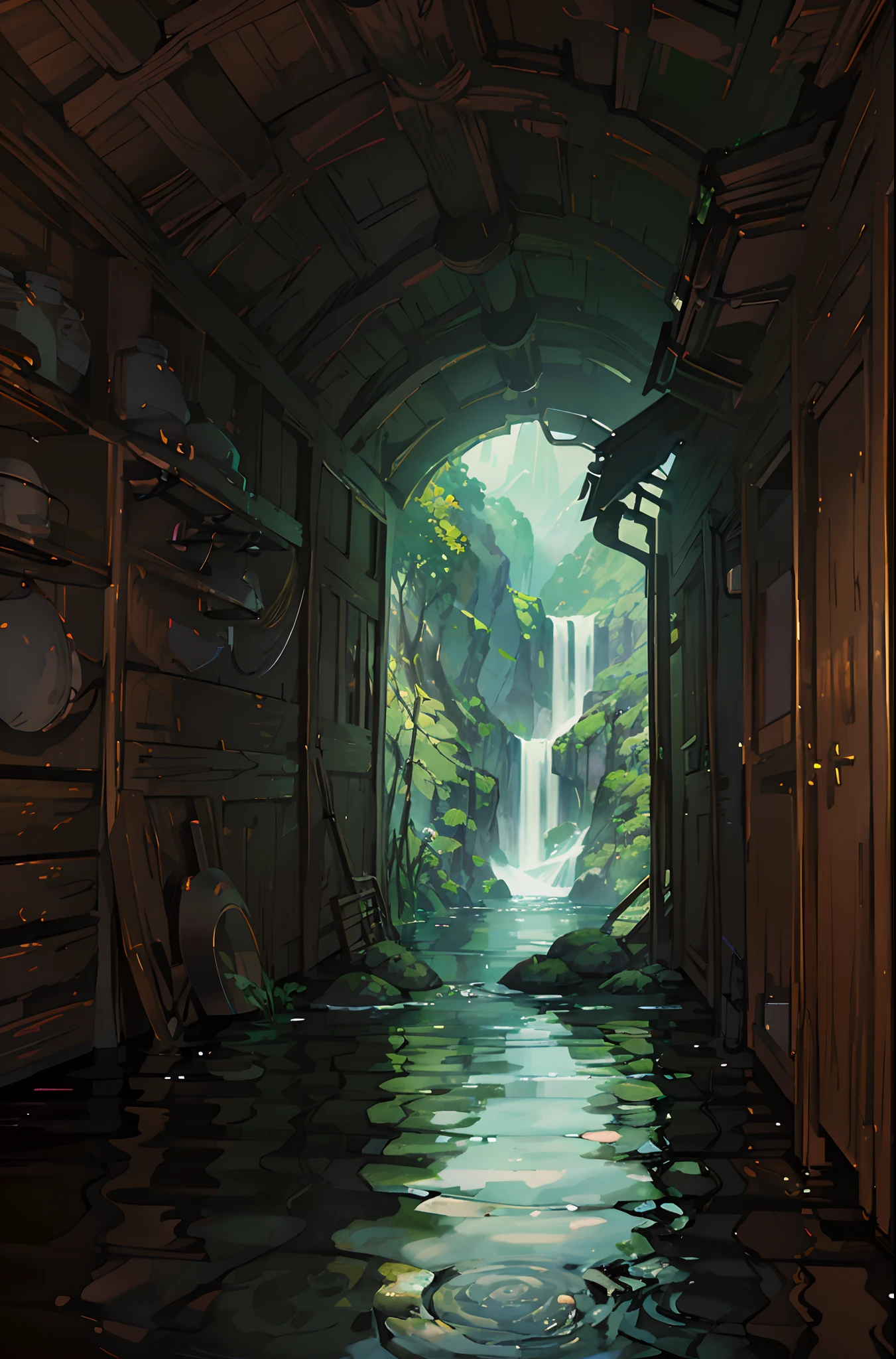 spring, jungle, lake, cave, waterfall, tree, meadow, rock, deer, hot spring, water vapor, (illustration: 1.0), epic composition, realistic lighting, HD details, masterpiece, best quality, (very detailed CG unified 8k wallpaper)