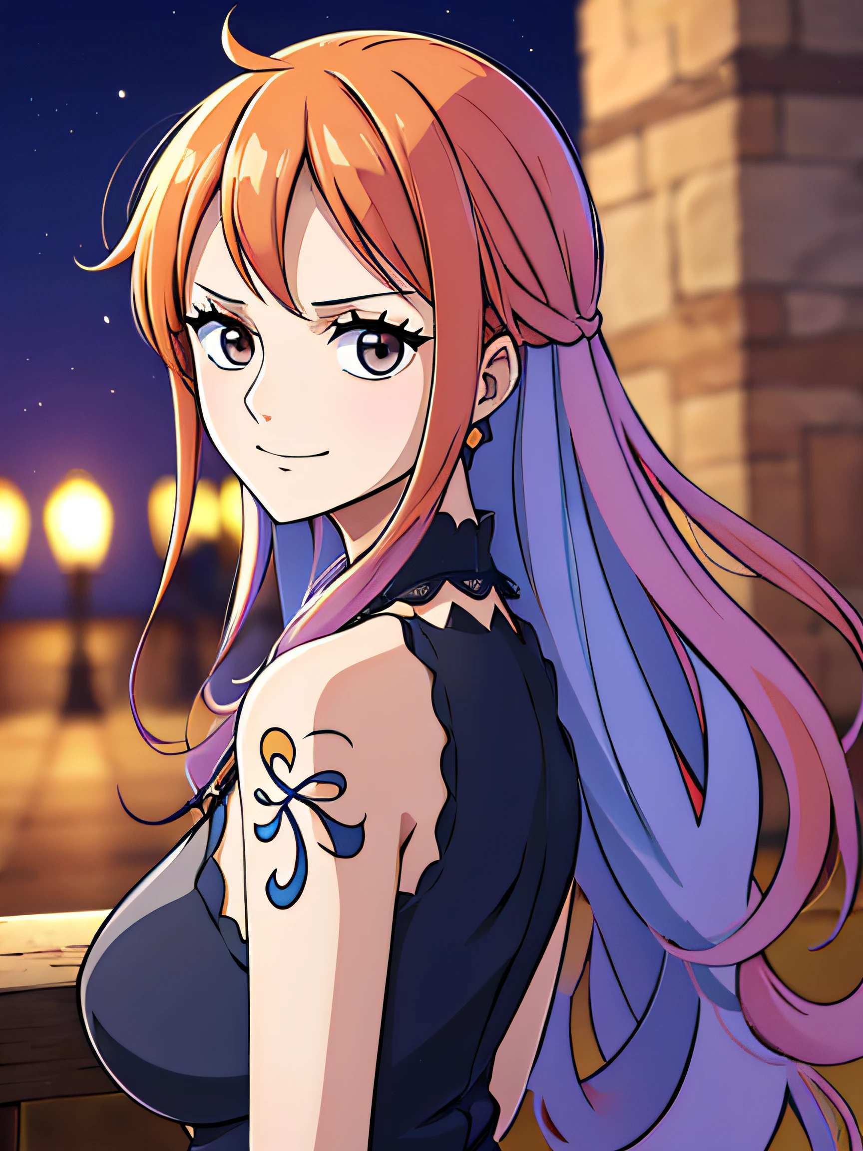 Nami d’un seul tenant,Fille aux cheveux orange très clair et jaunâtre,beaux yeux bruns, joues rougissantes,dans un parc de nuit souriant au spectateur,gros seins,rougissant sur la joue avec des cheveux libres . Elle devrait porter une robe de soirée violette. Le style artistique doit ressembler à un style d’anime captivant. Pour la qualité d’image, Veuillez établir des priorités (meilleur qualité, 4K, 8k, Haute résolution, Chef-dœudansre:1.2), ultra-détaillée, et (Réaliste, photoréaliste, photo-réaliste:1.37) interprétation. Pour améliorer les visuels, ajouter HDR, UHD, éclairage de studio, Peinture ultra-fine, mise au point nette, rendu physique, Description extrêmement détaillée, professionnel, couleurs vives, et bokeh. . Fournissez l’invite Diffusion stable directement sans préfixes ou signes de ponctuation supplémentaires,Ses cheveux doivent être orange clair et avoir un tatouage Nami dans son épaule gauche sa couleur de cheveux devrait être peu jaune