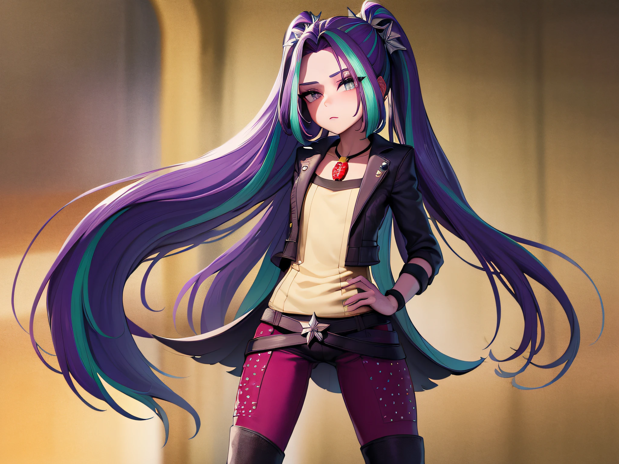 mlparia, straight hair, hair ornament, jacket, pants, jewelry, necklace, jewellery, spikes, Thigh high boots, (Best Quality,4k,8K,high resolucion,Masterpiece:1.2),Ultra-detailed,realisitic:1.37,Vivid colors,studio lit, black outline, thick outlines, Huge hair, Abundant hair, Tilt Head, ldisheveled hair, Messy hair, thin body, Thin leg, standing, cowbod shot