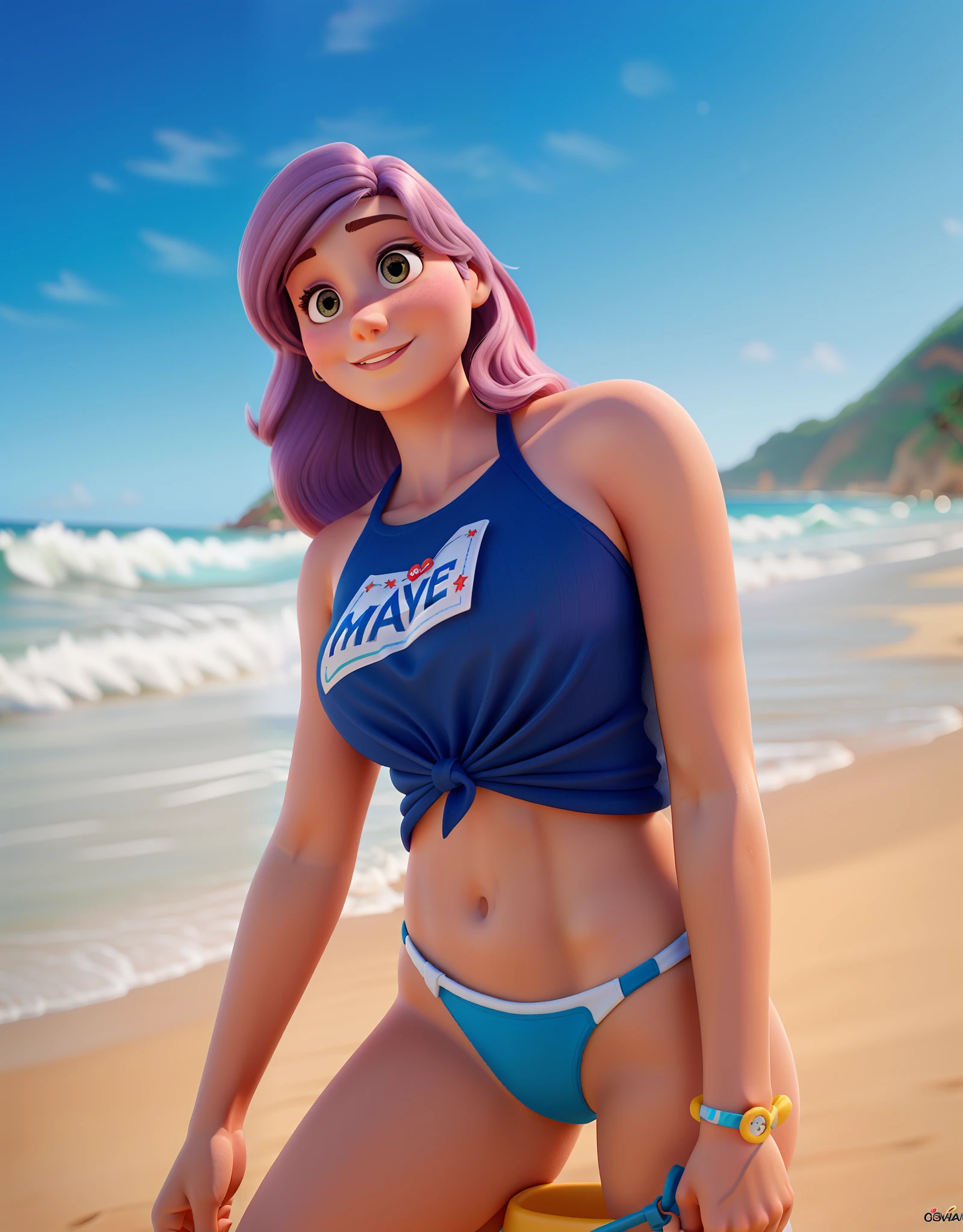 Uma mulher cabelos vermelhos na praia estilo disney pixar alta qualidade