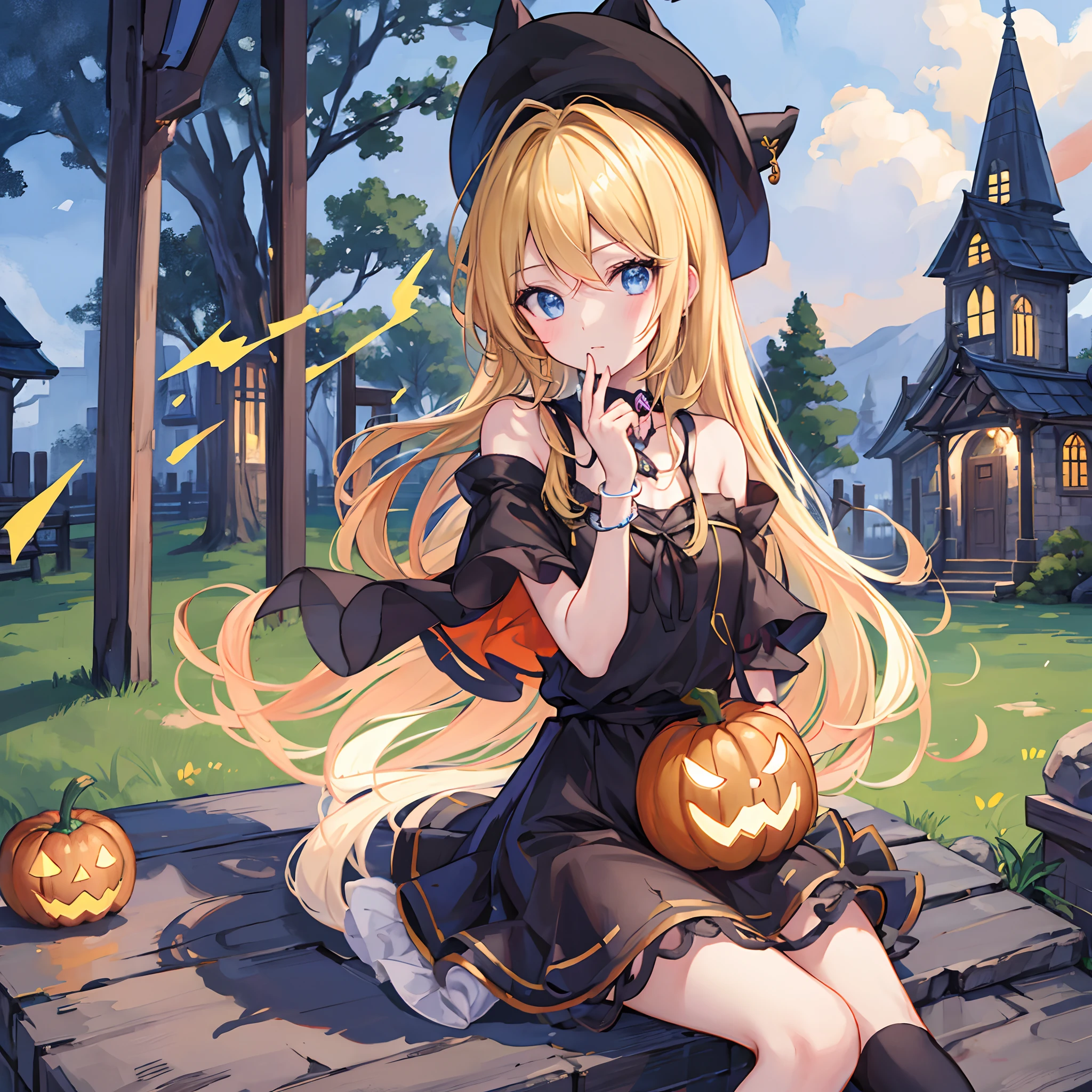 en 8K、highest qualityr、obra maestra、Ultra-detallado、Ultra-high resolution、kagamine rin 、halloween、Sombrero de bruja、una rubia、Cabello trenzado、vestido negro、hombros desnudos、escote de la mama、Makeups、sombras de ojos、Una pulsera、Ciudad medieval、Sit on the roof、gato negro