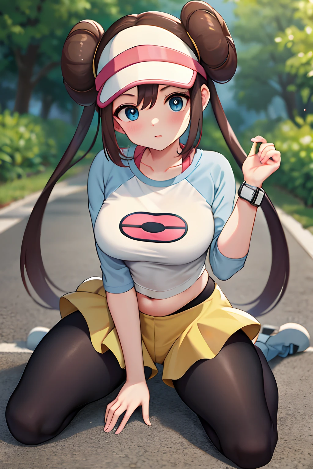 ​masterpiece, top-quality, hight resolution, RO1, Hair buns, blue eyess, Twin-tailed, Visor Cap, panthyhose, raglan sleeves, Yellow shorts, The shirt, Pink ribbon, Watches, Slouched, gym, crouching down, 30 denier soft-touch comfort tights, see -through, crouching down, Open legs, thighs thighs thighs thighs, Attractive thighs,large full breasts、red blush、full body Esbian、appealing breasts、Fluffy clothes、Metamorphosis、breastsout、teats、sexy tummy、big butts、teats、Large Thigh、Feminine body、Skirt combing、Pants to show、The face you're looking for、Bras to show、sole、Rear view、