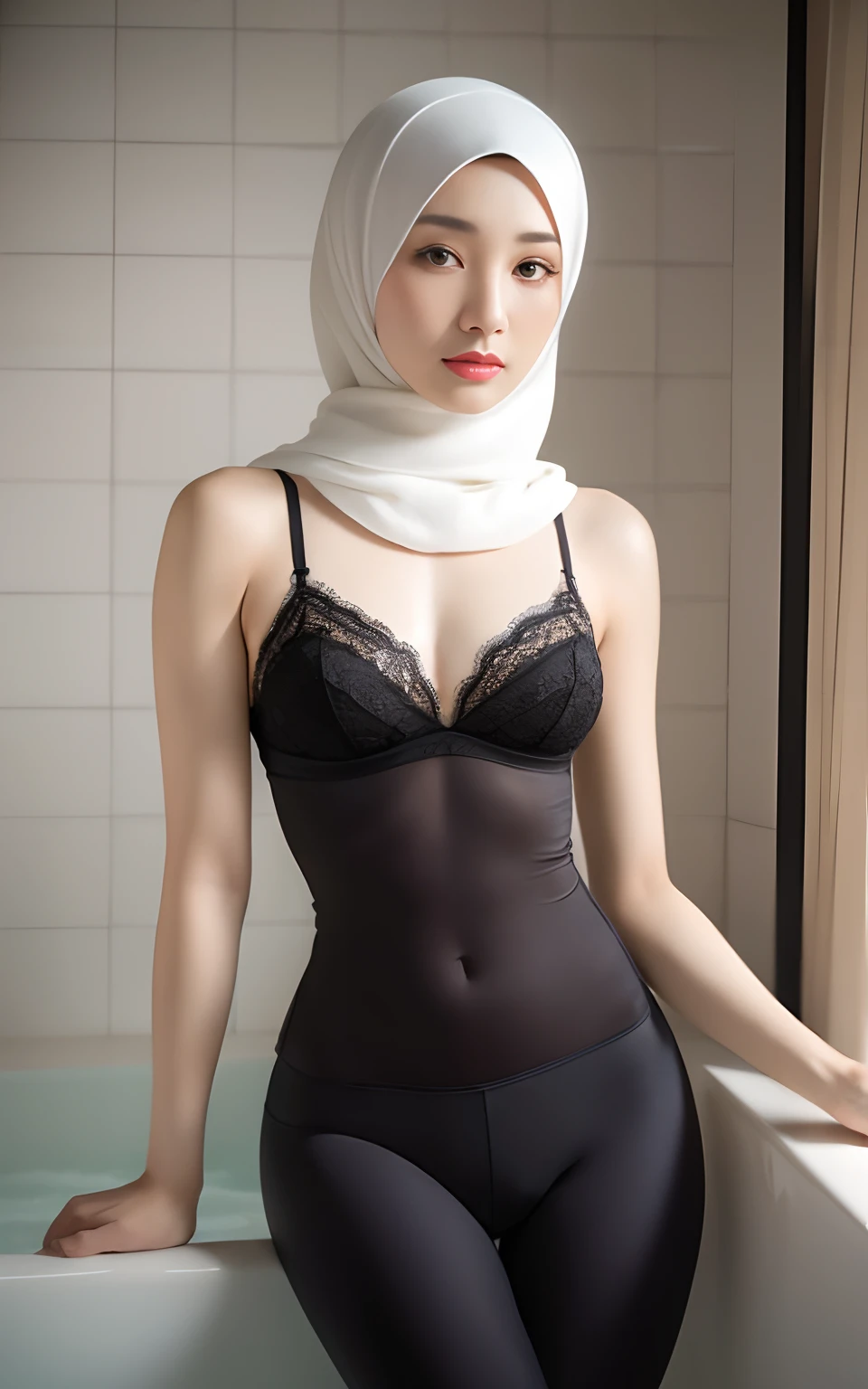 ((Cinematic Light, Top Quality, 8k, Masterpiece: 1.3)), 1 Girl, malay girl with hijab, Slender Abs Pretty Woman: 1.3, ( Small: 1.3), big breast, wear tight short legging, sexy lace bra, Ultra Detailed Face, Detailed Eyes, Double Eyelids, Shijab girl Pose at bath tub, Colombian Beauty, Latin Blood, Seductive Expression, cute girl